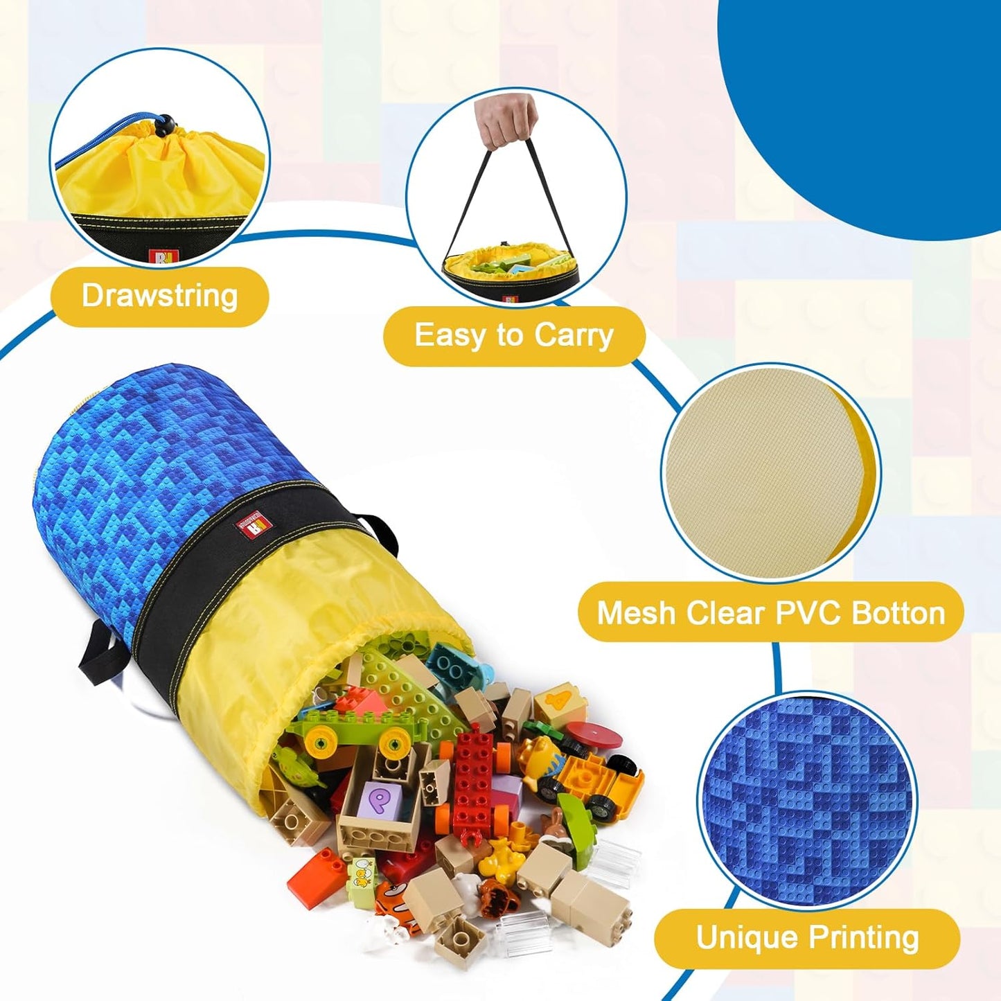 Toy Storage Organizer Basket Bag with Drawstring for Buliding Bricks, Blockets,Puzzles,Playroom Cinch Bucket Carrying Bag with Handle (Blue)