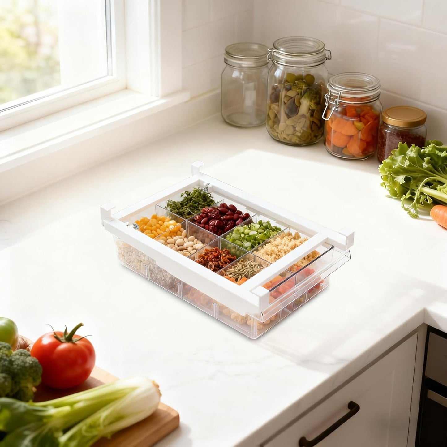 Fridge Drawer Organizer, Pull Out Shelf Storage Transparent Organizer for Refrigerator, Drawer Organizer for Egg, Fruit, Vegetable, Seafood, Meat, Cheese, Produce (White B)