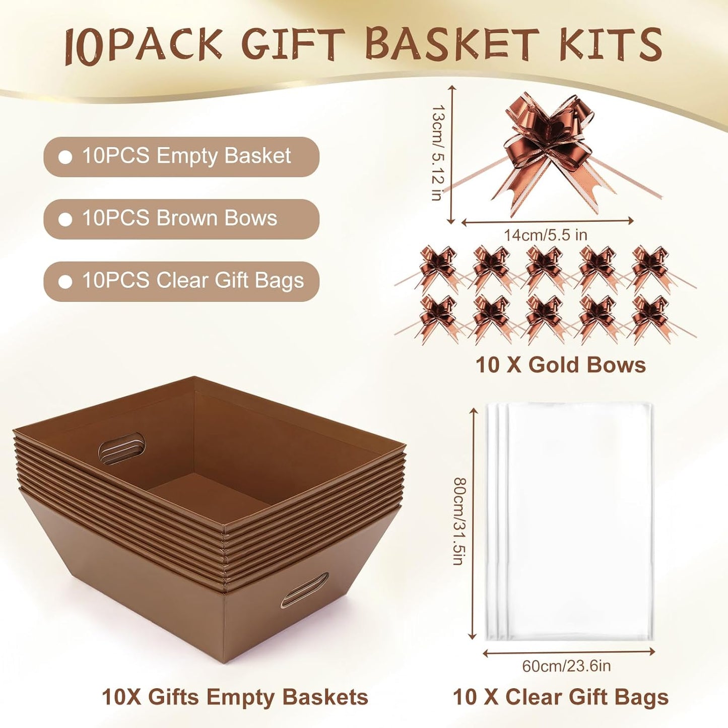 AFOROEOA 10PACK Baskets for Gifts Empty, 10x12”Thick Brown Gift Basket with Handles 10 Bows 10 Bags Empty Gift Baskets for Christmas Thanksgiving Wedding Birthday Party Wrapping Gift
