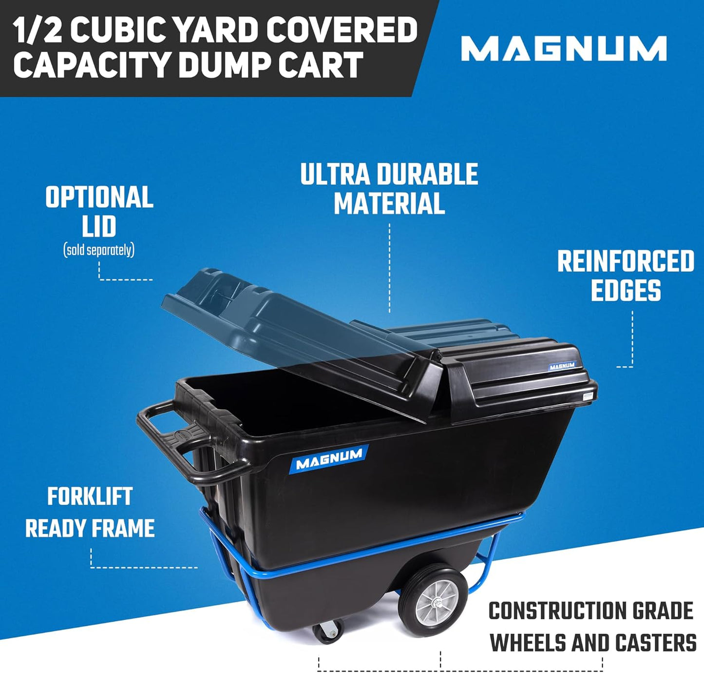 Tilt Truck, 1/2 Cu. Yd. Capacity Dump Cart with Heavy Duty 12” Wheels & 5” Casters & Forklift-able Frame for Jobsites, 850 lbs, Trash Cart with Wheels DUC12T-F-04PK (4-Pack)