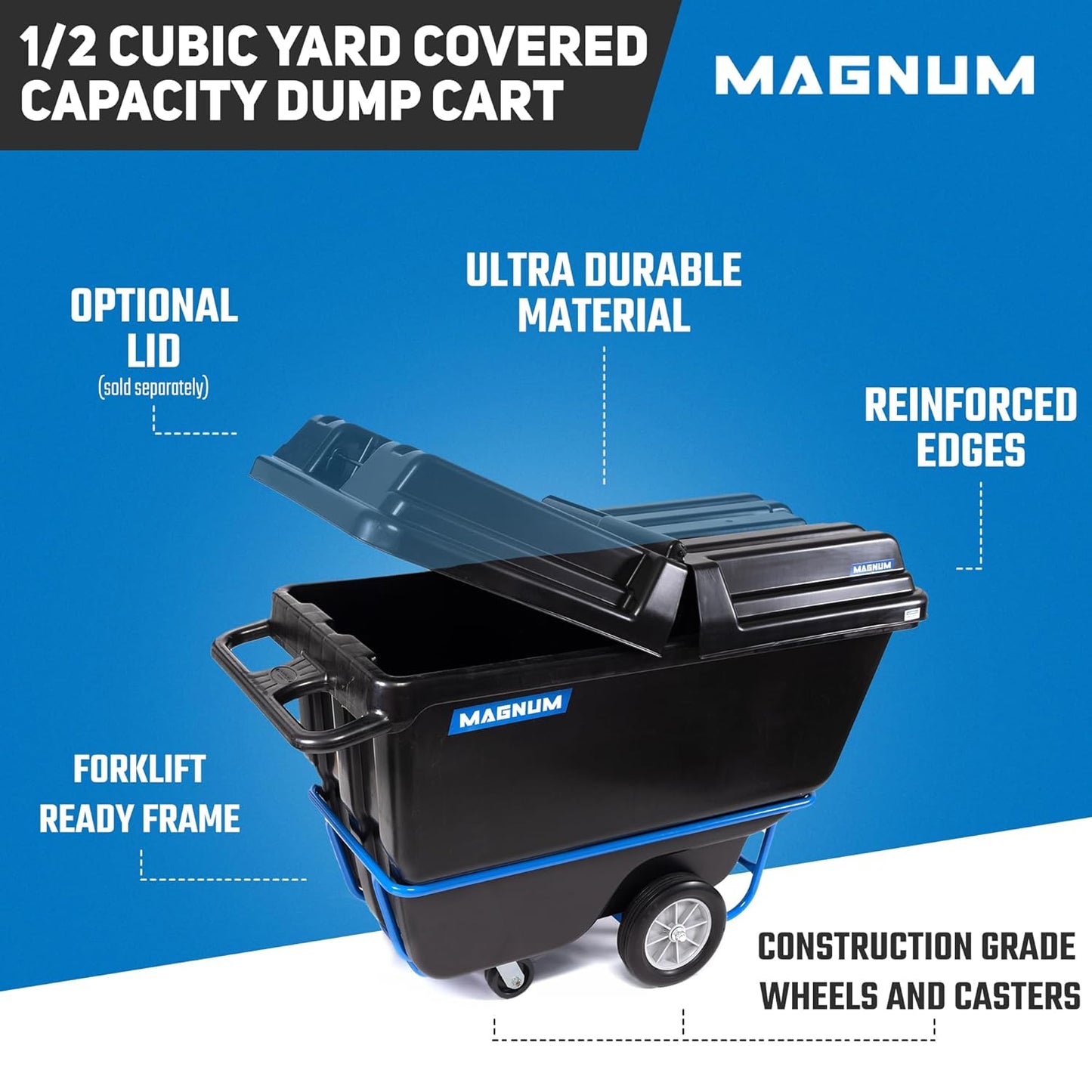 Tilt Truck, 1/2 Cu. Yd. Capacity Dump Cart with Heavy Duty 12” Wheels & 5” Casters & Forklift-able Frame for Jobsites, 850 lbs, Trash Cart with Wheels DUC12T-F-03PK (3-Pack)