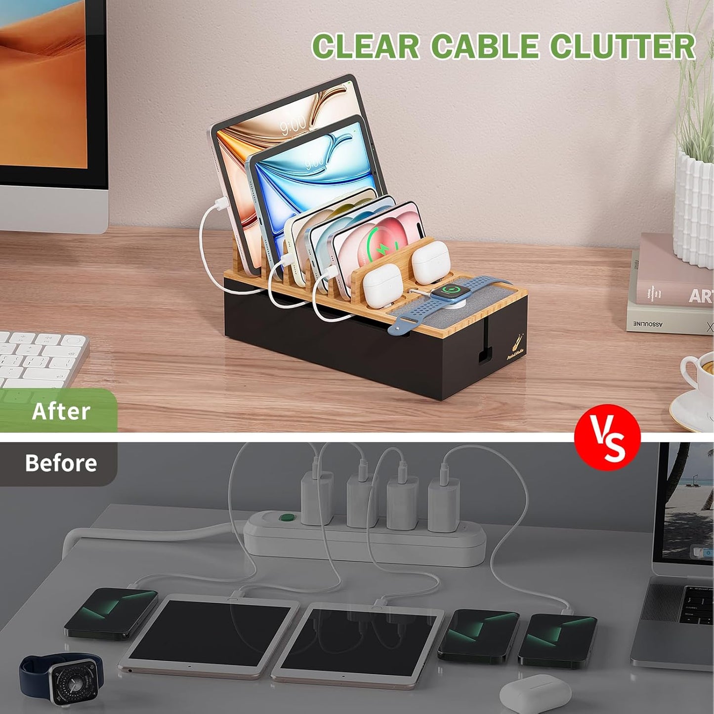 Pezin & Hulin Cable Management Box, Docking Station for Multi Devices, with 5 Ports Charge Adapter and 6 Cables, Wire Organizer for Cords, Box to Hide Cords and Storage Power Strip -Natural + Black