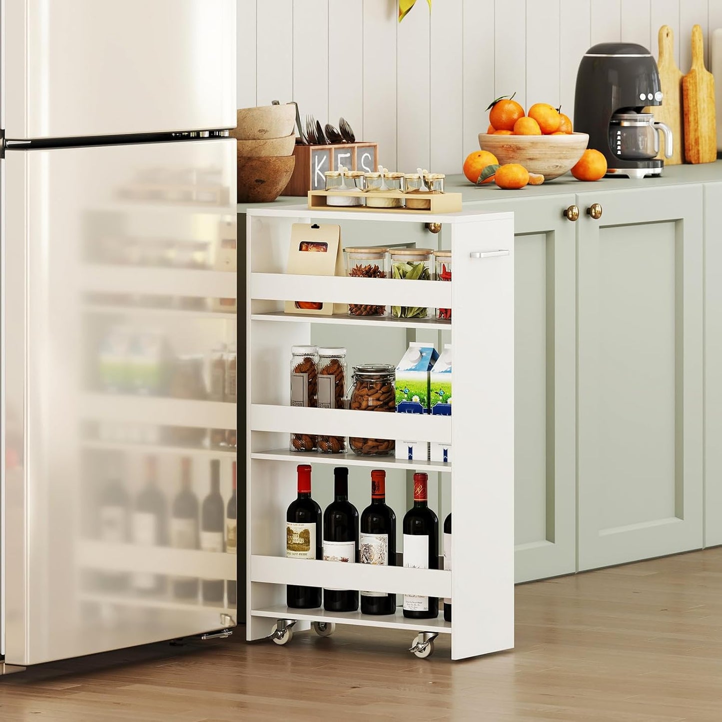 Small Kitchen Cart, 4-Tier Slim Rolling Island w/Handle, Laundry Room Storage Organizers Between Washer and Dryer, Narrow Spice Rack on Wheels Next to Fridge (White, 8'')