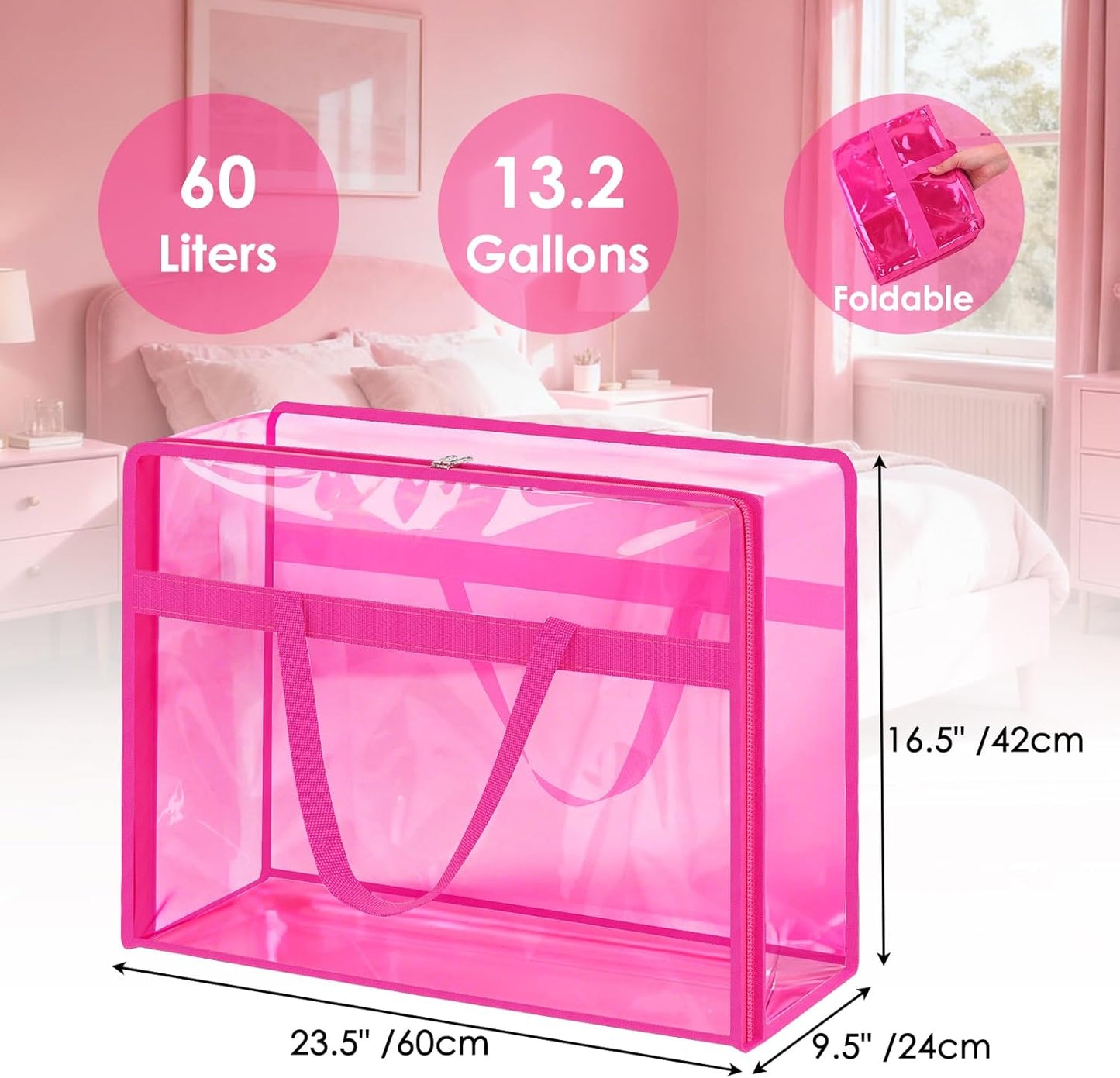 SGHUO Clear Storage Bags 60L Extra Large Plastic Vinyl Blanket Storage Bag for Clothes, Comforter, Bedding, Moving Bags with Zipper and Reinforced Handle (4pcs, Pink)