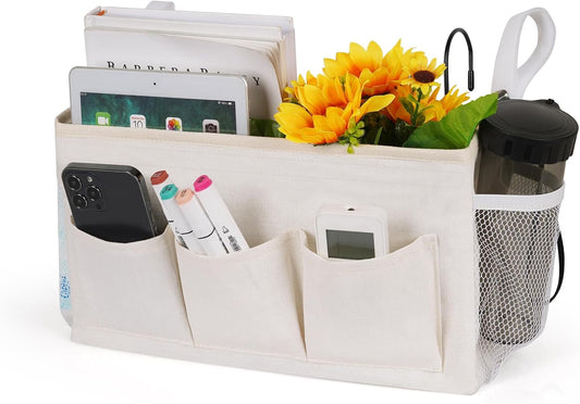 Bedside Storage Caddy/Bedside Hanging Storage Bag for Headboards Bunk Beds Dorm Rooms Book Phone Magazine Holder (New White)