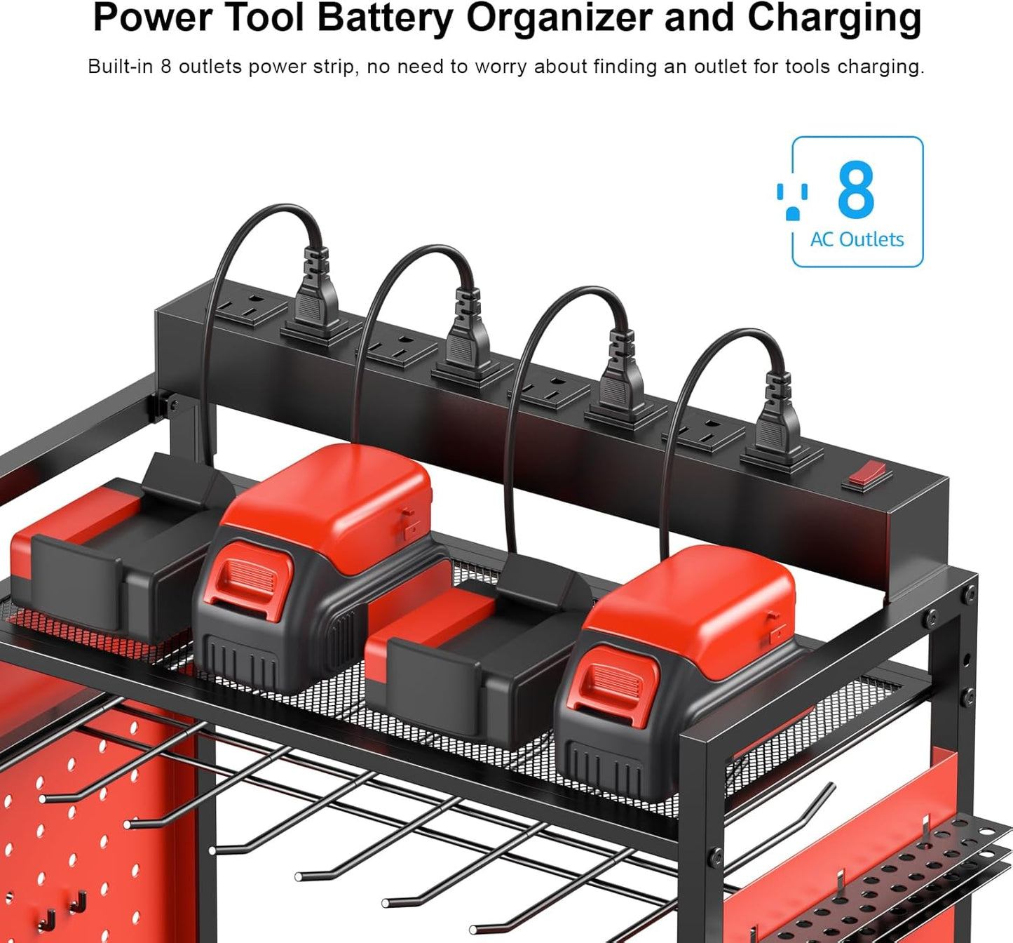CCCEI Garage Power Tools Organizer Cart with Charging Station, Black Floor Standing Rolling Drill and Tools Battery Storage Cart on Wheels. Red Utility Rack Gift for Men, Husband, Father.