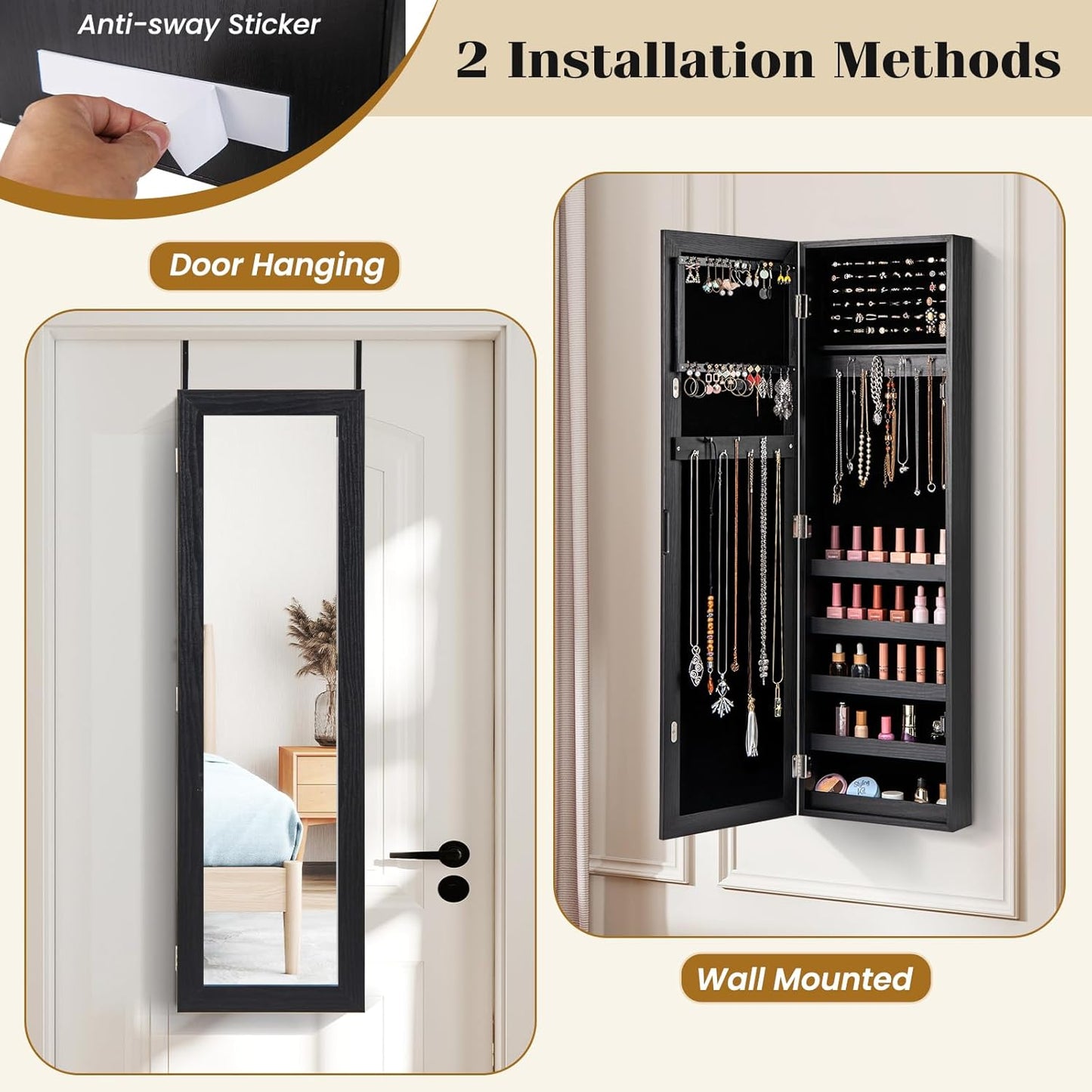 Giantex Wall or Door Mounted Jewelry Cabinet with Full Length Mirror, Over The Door Jewelry Armoire Organizer, Hanging Storage Cabinet with Necklace Hooks, Earring Slots, Ring Slots & Shelves (Black)