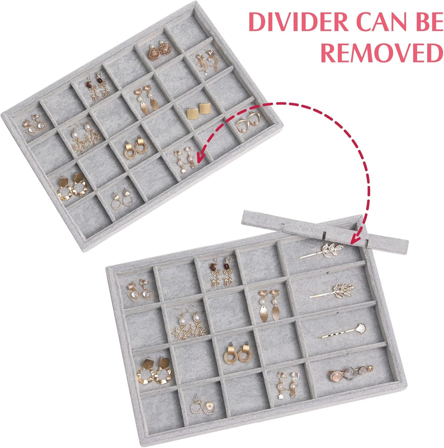 DIOMMELL Set of 5 Stackable Velvet Jewelry Trays Organizer Jewelry Display Showcase Dresser Drawer Organizer Storage Box for Ring Earring Bracelet Necklace Accessary, Grey