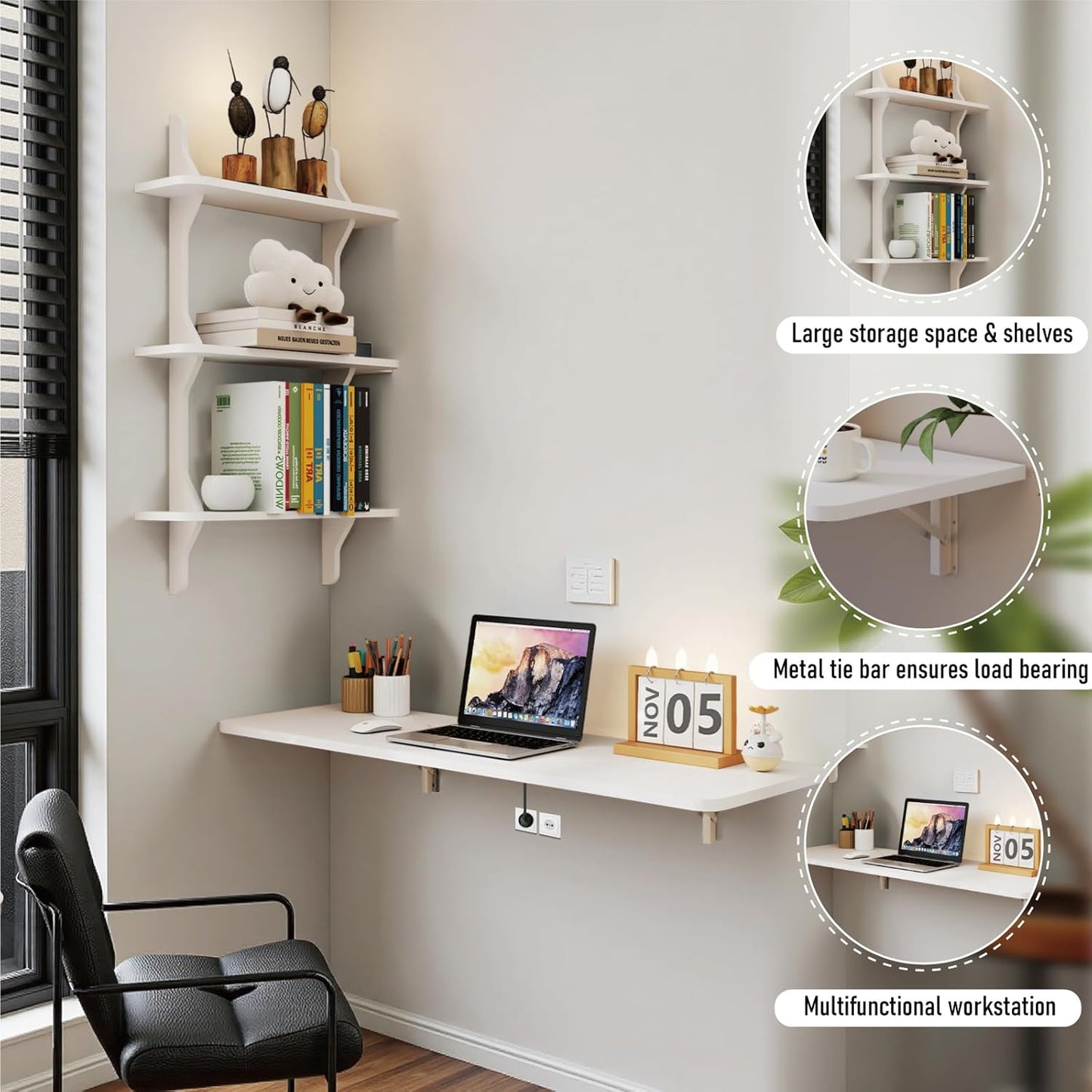 Pmnianhua Wall Mounted Folding Table, 47'' Floating Laptop Desk with Shelves, Foldable Drop Leaf Table, Wall Mount Fold Down Table for Laundry Room Kitchen Bar Home Office Small Space(White)