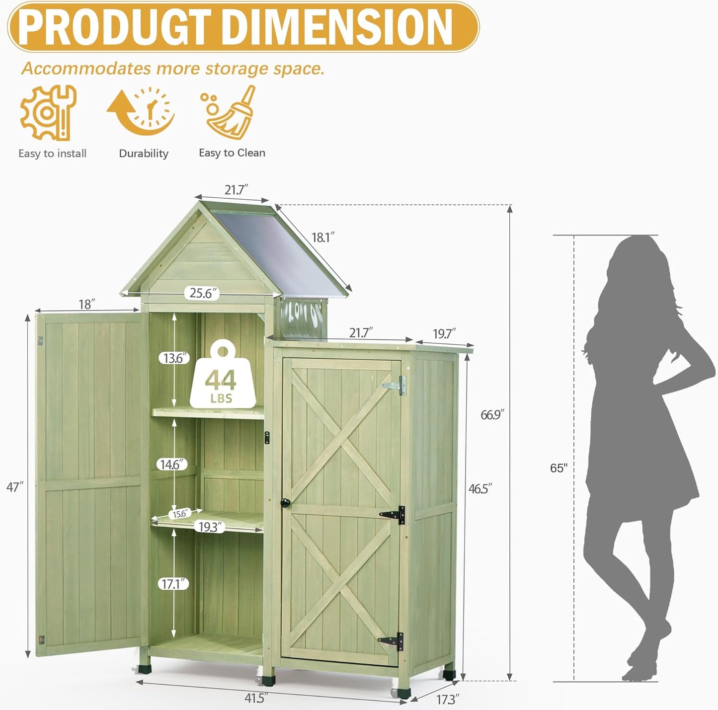 Outdoor Storage Cabinet - Waterproof Metal Roof & Wooden Vertical Design, Tall Garden Tool Shed with Multiple Shelves for Patio, Backyard, Lawn, Yard (Green, 22" x 46" x 67")