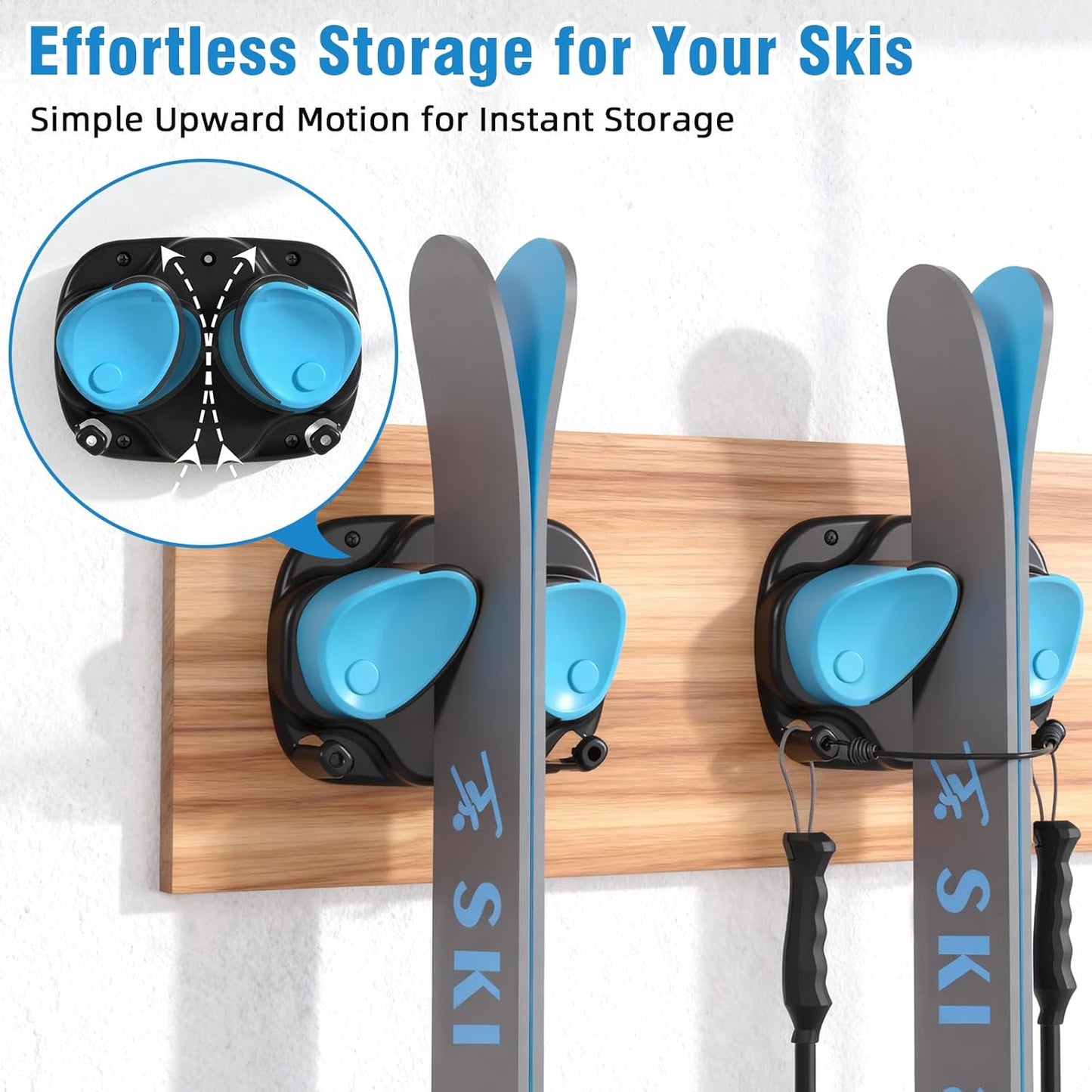 WDZREE Ski & Snowboard Wall Rack for Garage, Fits Any Ski or Board, Ski Wall Mount Garage Organization Holders, Damage-Free Storage Rack, Space-Saving Clamp Winter Gear Organizer, Blue (Blue, 1 Pack)