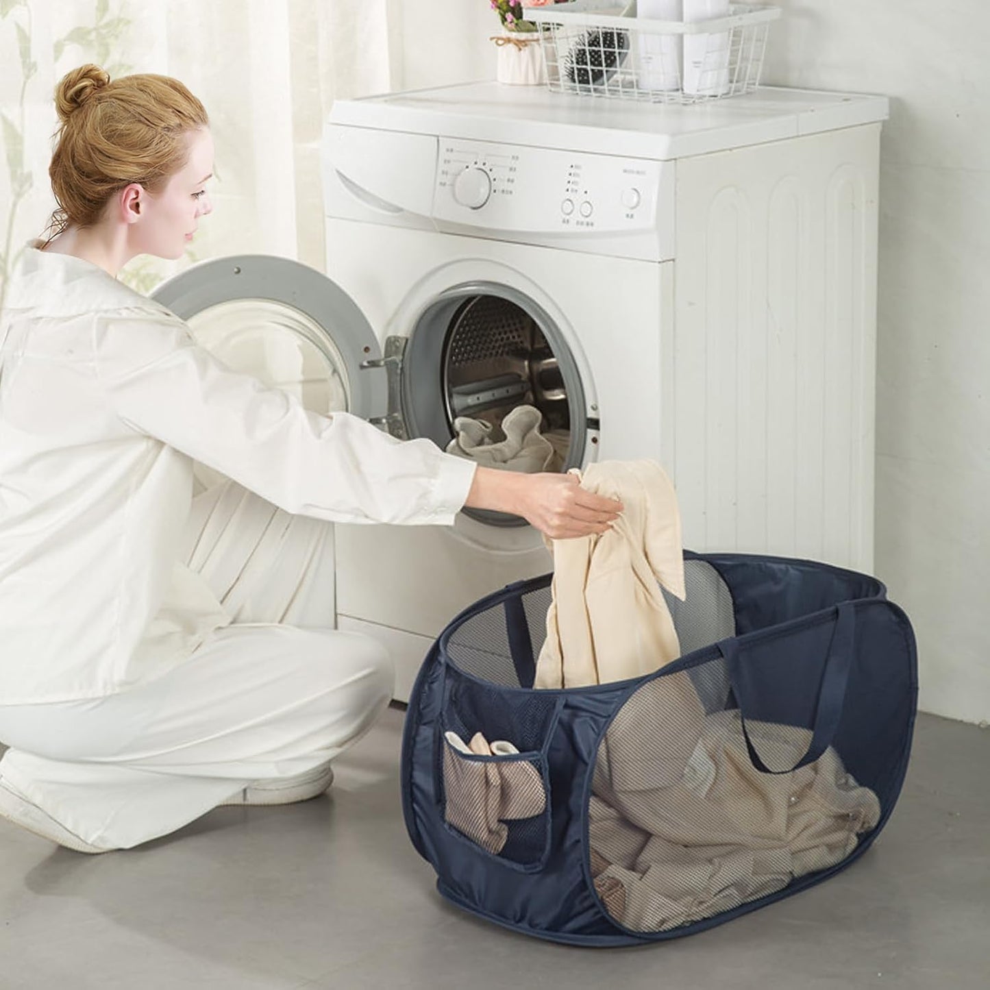 HONOMA Sturdy Mesh Laundry Hamper Basket Bag,Pop up Basket with Side Pocket for Laundry Room, Bathroom, Kids Room, College Dorm or Travel (Pop Horizontal, Beige)