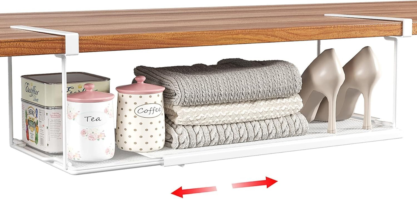 Expandable Under Cabinet Shelf, Extendable Under Shelf Storage with 0.94 Inches Thick Clips for Shoe Rack, Pantry Cabinet, Laundry Room. (White, 1 Pack, Interior: 6" H x 8.26" D)