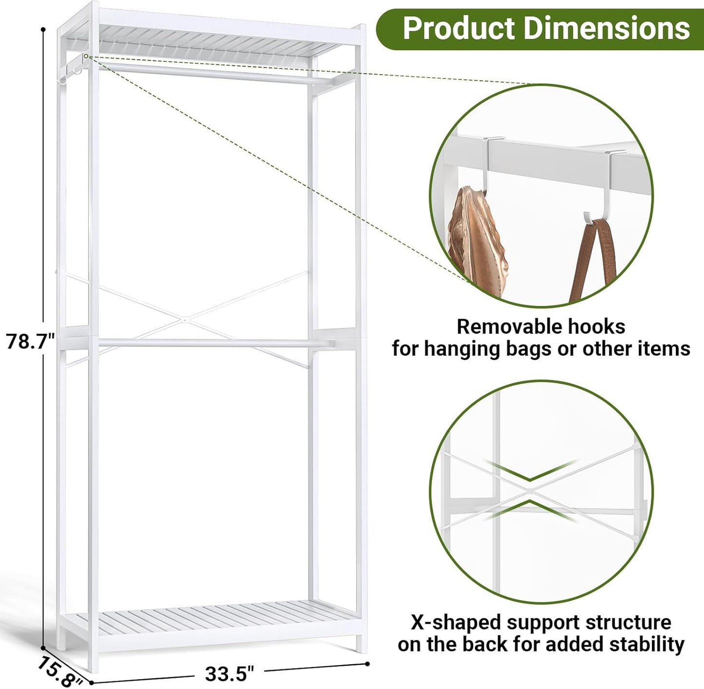 Homykic Bamboo Clothes Rack with Shelves and Double Hang Rods, Portable Closet System Garment Rack for Hanging Clothes, Tall Clothing Rack Corner Closet Organizer, Easy to Built, Freestanding, White