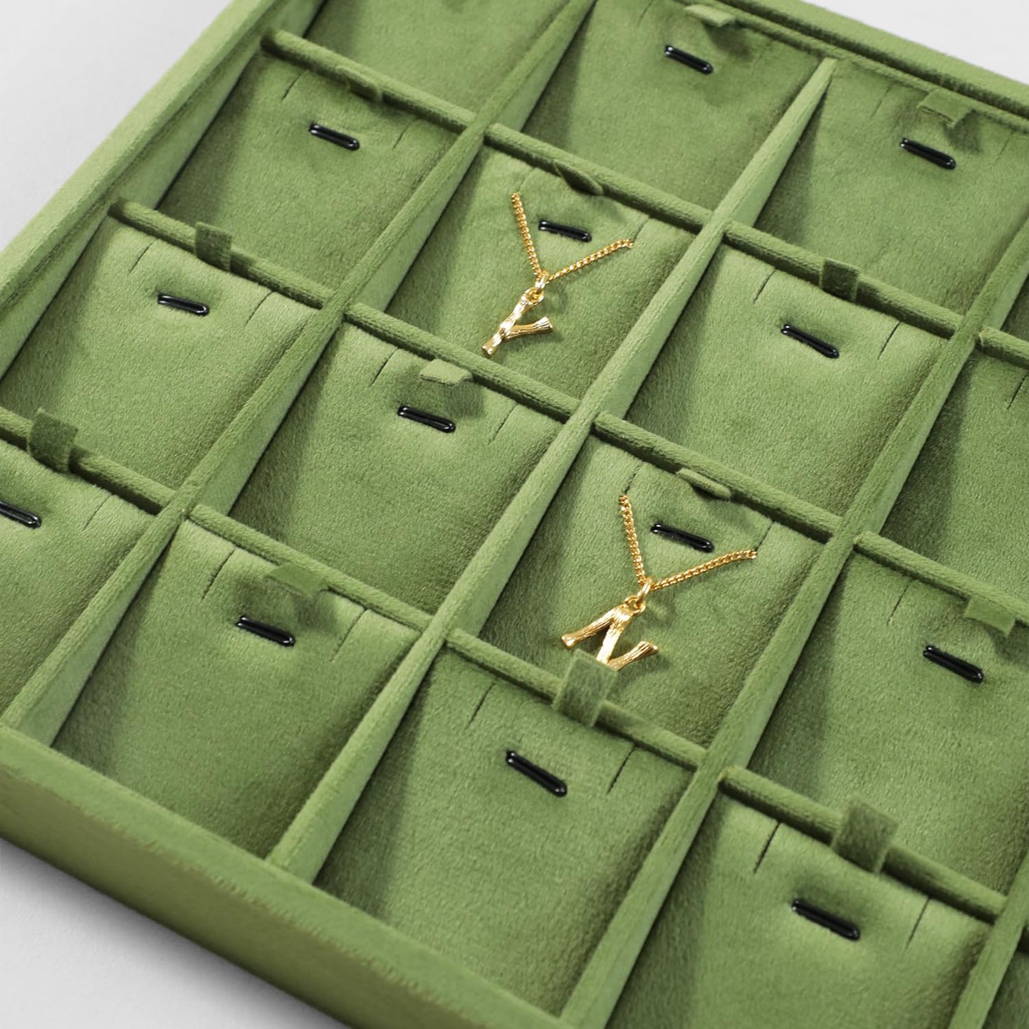 Velvet Necklace Display Tray, Stackable 24 Grid Insert Pendant Necklaces Storage Holder Plate, Jewelry Retail Countertop Organizer (Olive Green)