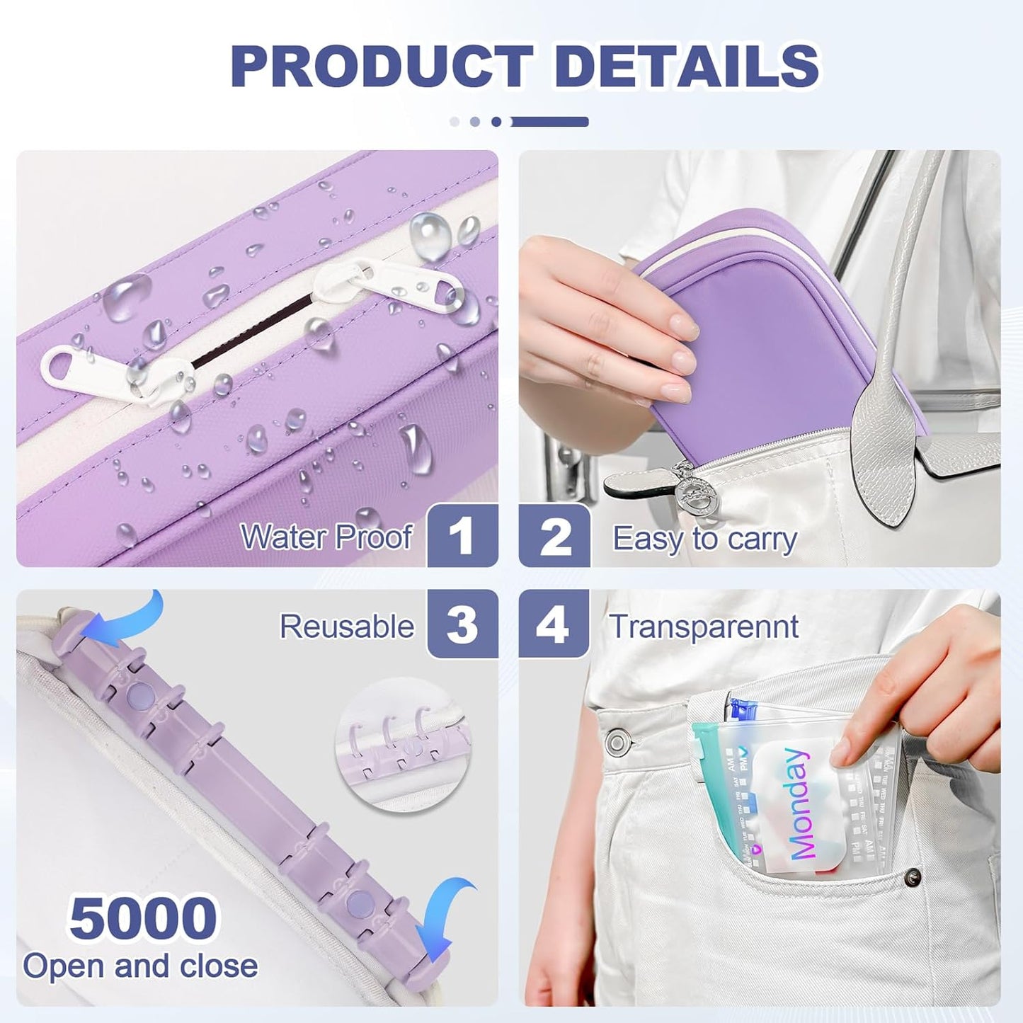 Weekly Pill Organizer 2 Times a Day - Timueetech A6 Waterproof 14 Pill Pouch Bags for Travel, BPA-Free Medicine Storage with Labels & Self-Sealing Design for Vitamins and Supplements, Purple