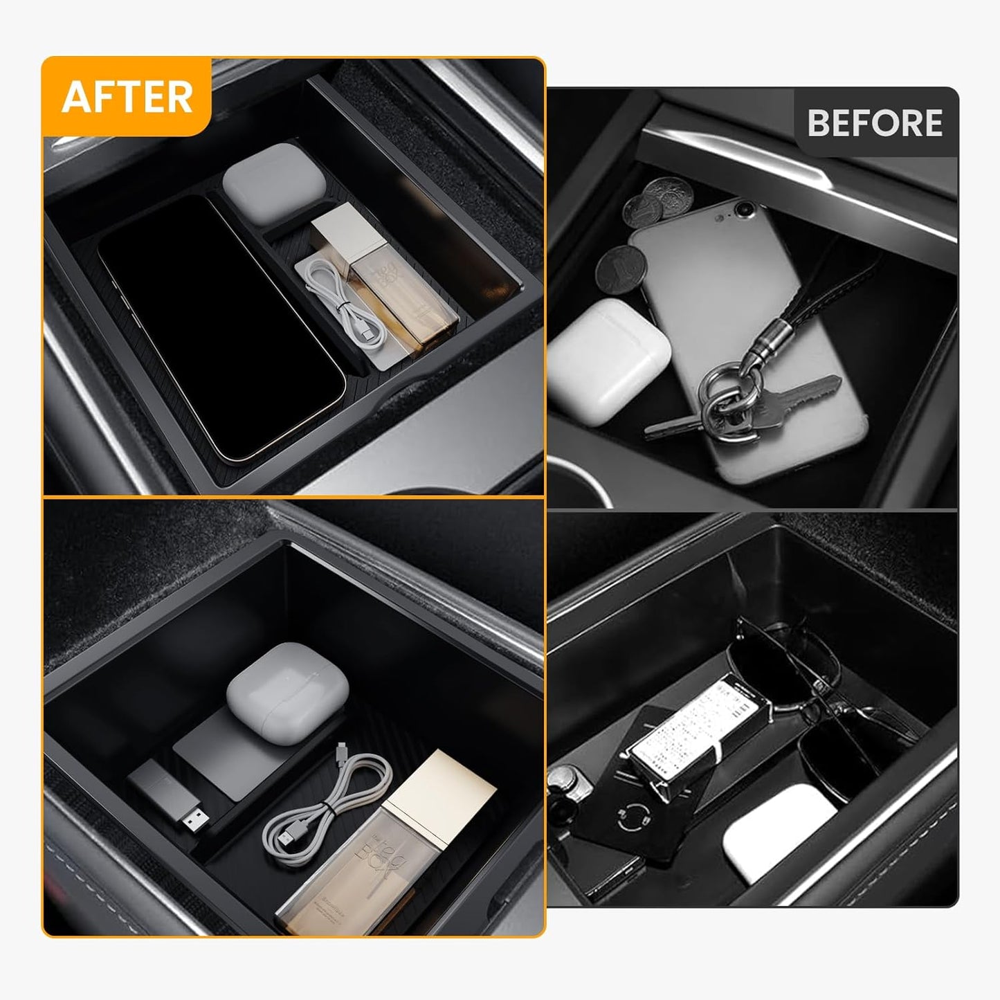 3PCS Center Console Organizer Tray for Tesla 2025 Model Y Juniper & Model 3 Highland 2025 2024, 2025 Upgrade Car Accessories with Center Console Storage Tray Armrest Hidden Storage Box