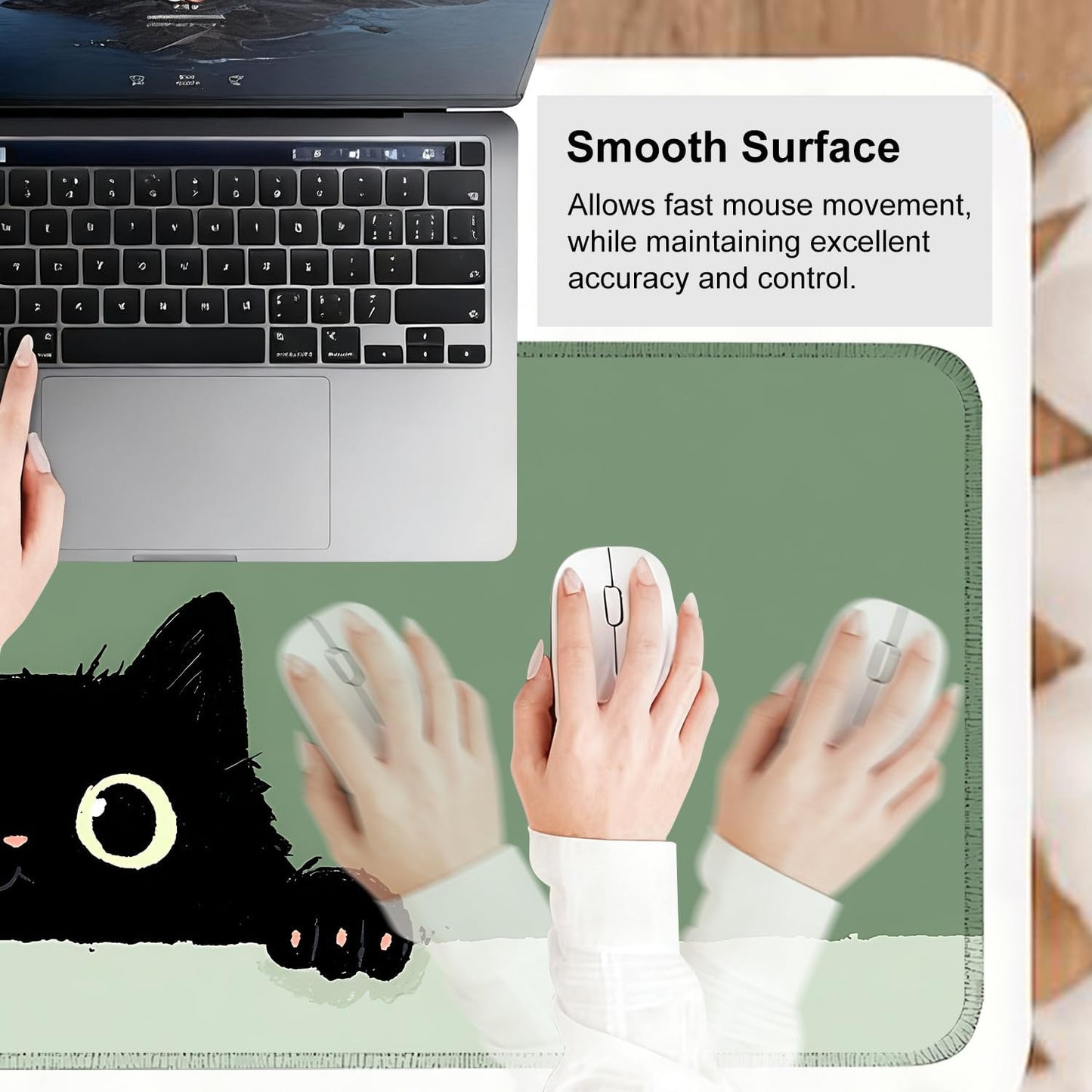 Cute Black Cat Large Mouse Pad – Extended Desk Mat 31.5 x 11.8 in– Kawaii Kitty Peeking Over Edge, Green Background, Non-Slip Rubber Base, Waterproof Keyboard & Mouse Pad for Office or Gaming