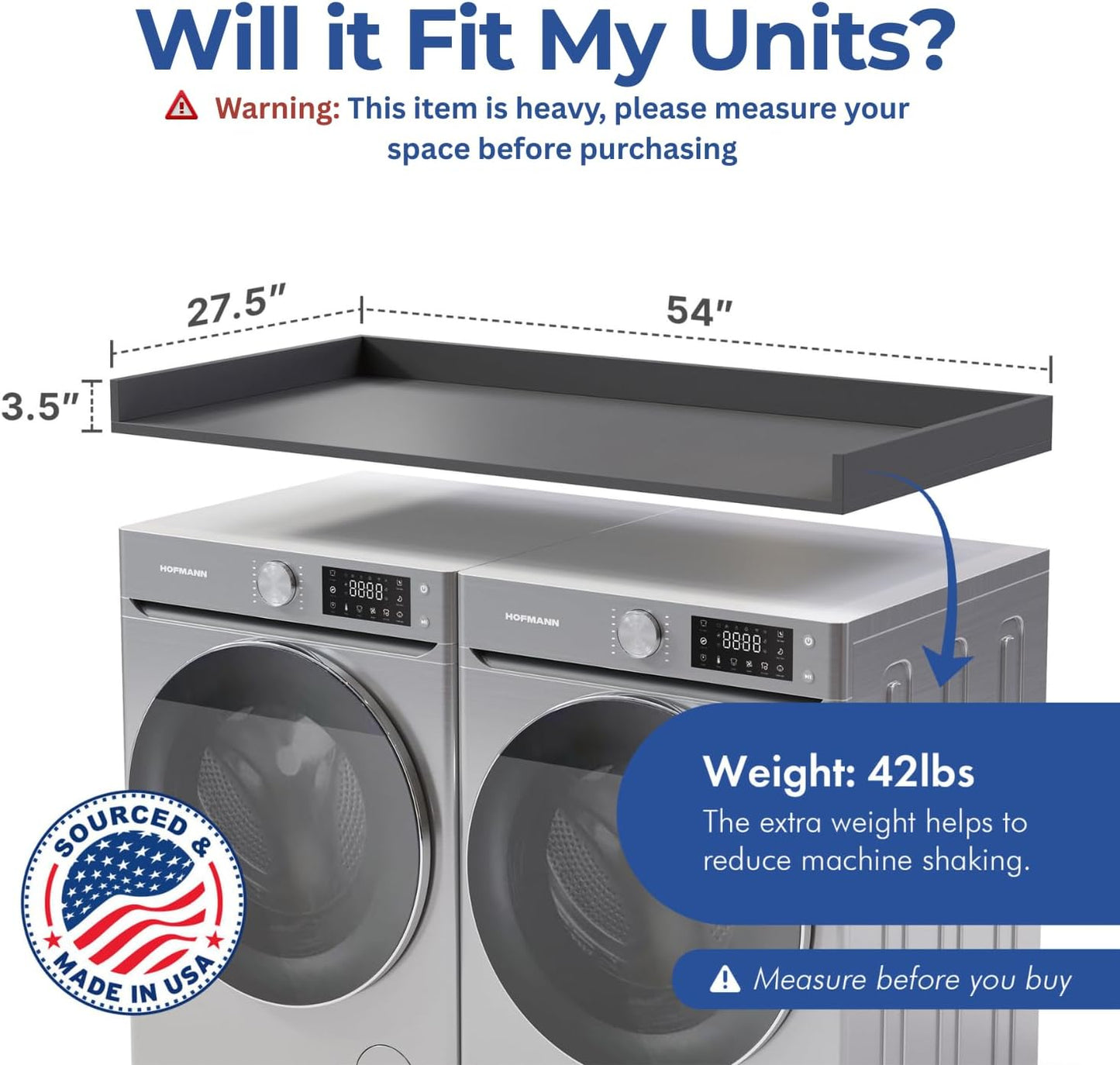 OfficeSimpli Washer Dryer Countertop, Made in USA, Non-Slip Pads, Easy Clean, Laundry Room Essentials and Decor, Washer Dryer Wood Top for Organization (Slate Grey, Standard (27.5" x 54"))