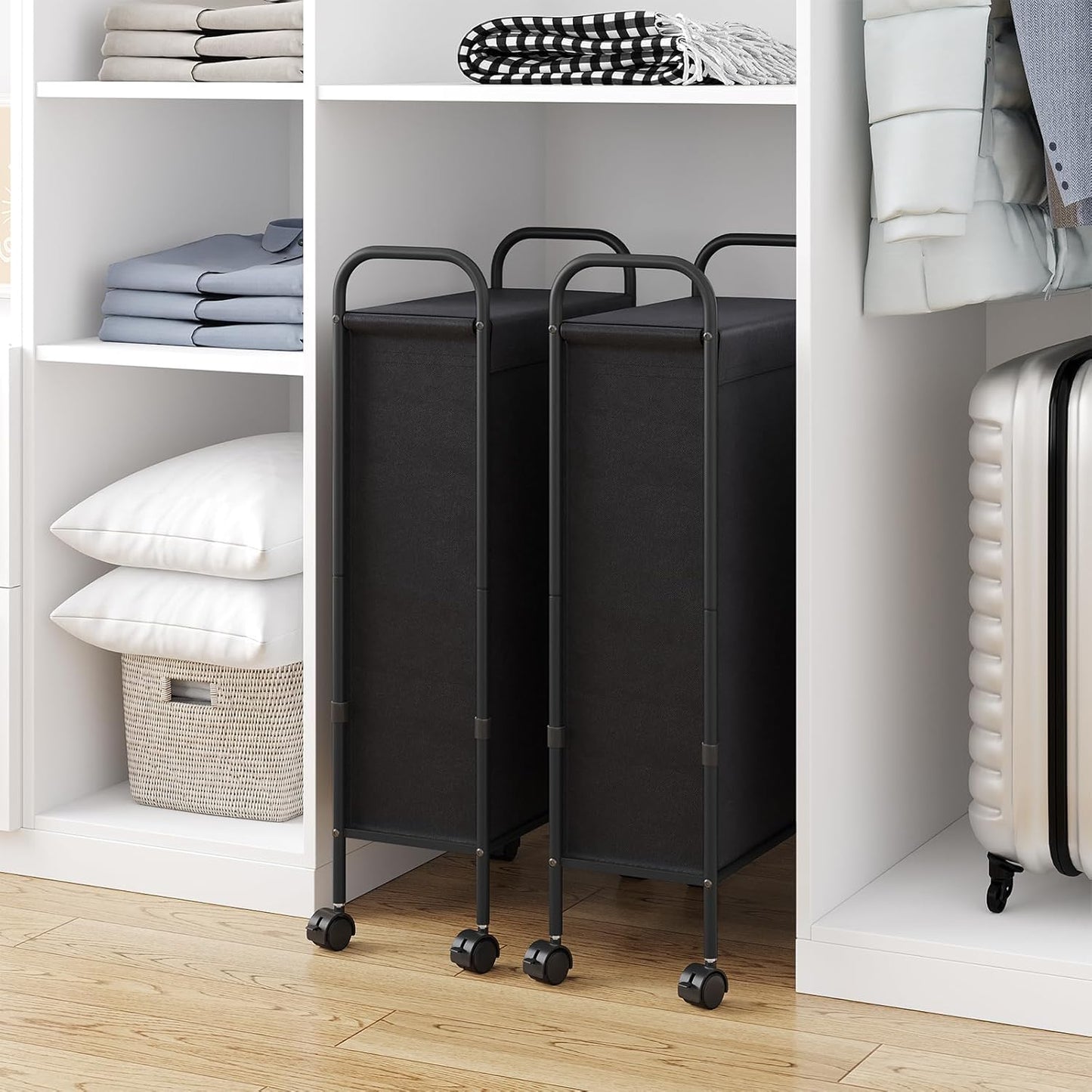 ELYKEN Slim Laundry Hamper with Lid, 50L Small Rolling Laundry Basket on Wheels, 7.9” Narrow Dirty Cloth Cart with Removable Inner Bag for Small Bathroom, Bedroom, Black