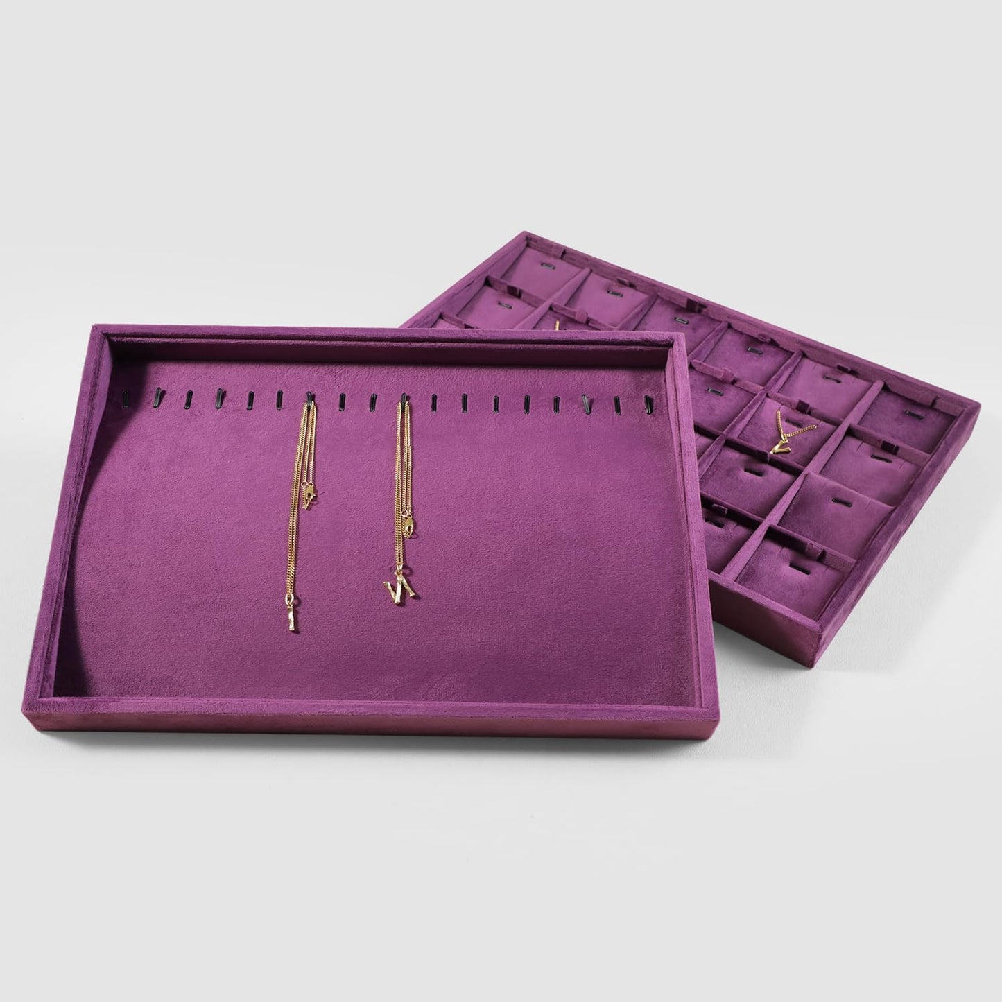 Velvet Jewelry Display Tray For Bracelet Pendant Necklace, Multi-Slot Stackable Storage Tray For Long Chain Jewelries, Drawer Insert Jewelry Organizer (Purple)