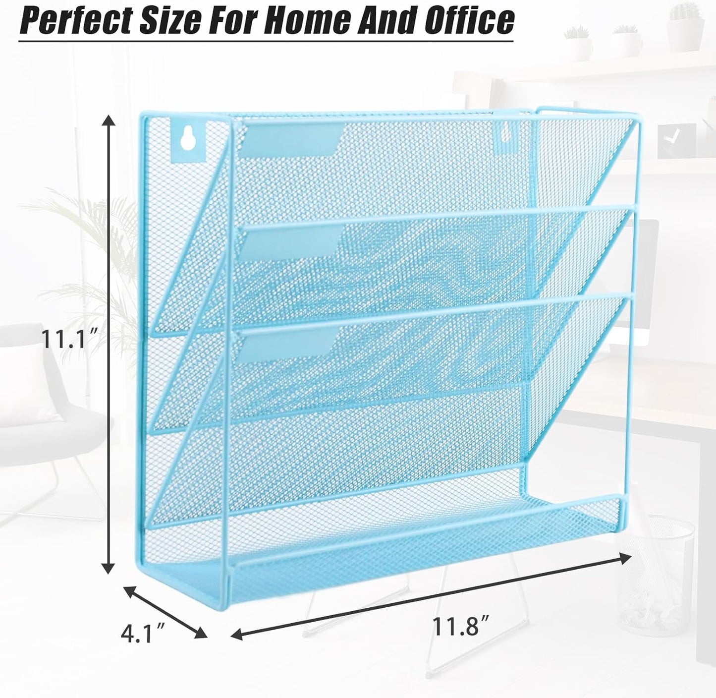 EASEPRES Desk File Organizer Mesh 4-Tier, Hanging Wall Mount Document Organization Stand, Desktop Vertical Mail Paper Folder Holder Rack with Bottom Tray for Office Home Cubicle Countertop, Blue
