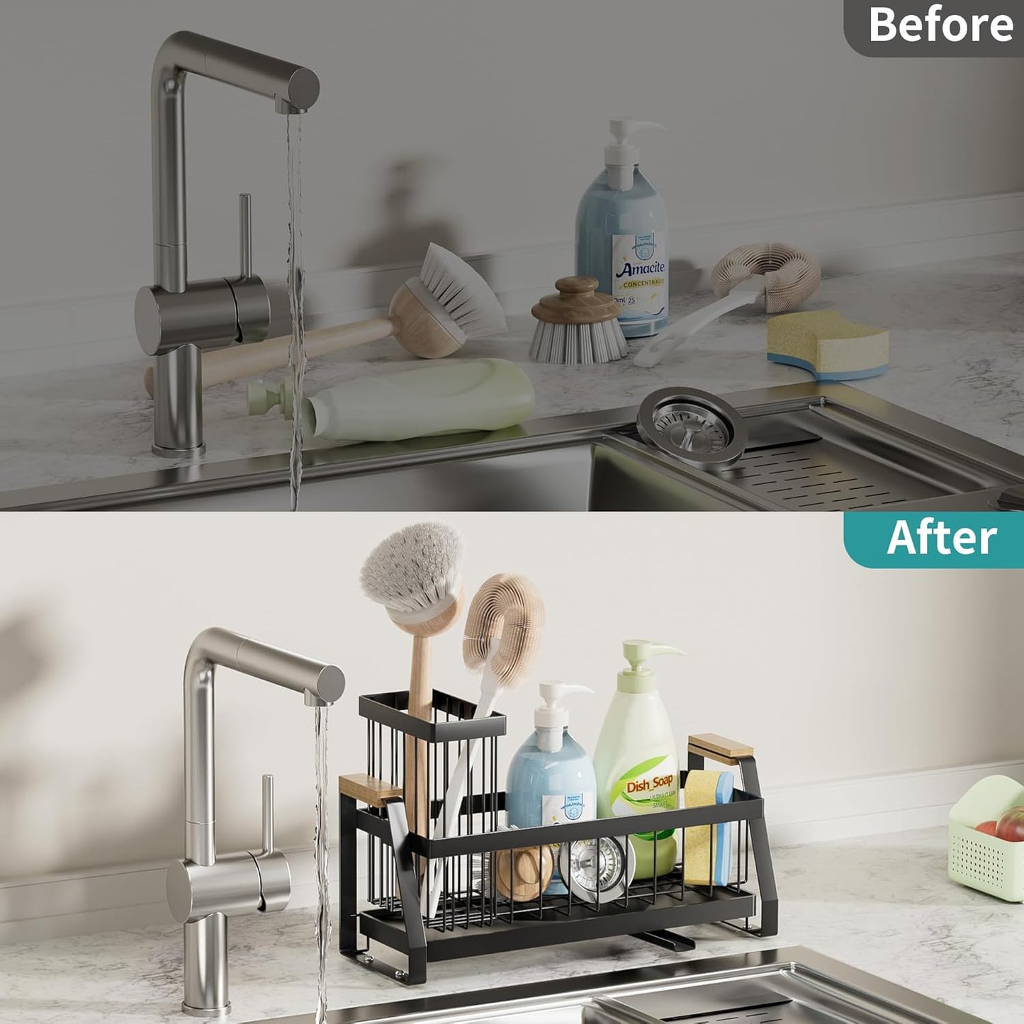 Sink Caddy Organizer with Wooden Handle & Self-Draining Tray, Trapezoid Kitchen Sponge Holder with Non-Slip Suction Cups , Organizer for Sponge, Brush, Soap Dispenser for Sink and Bathroom Countertop