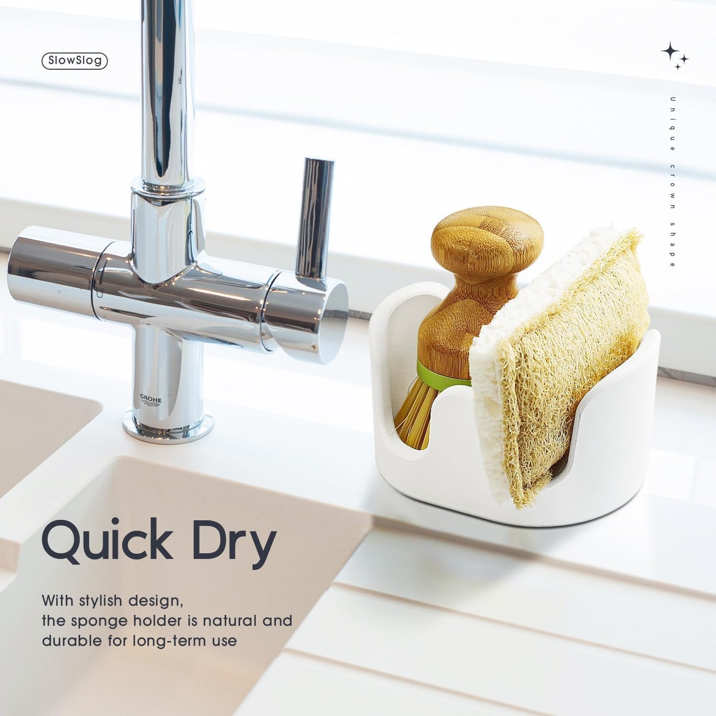 Double Sponge Holder, 2 Slot Diatomite Stone Sponge Holder, Absorbent Sponge Stand for Kitchen Sink, Quick Dry Sponge Caddy Kitchen Sink Organizer, White