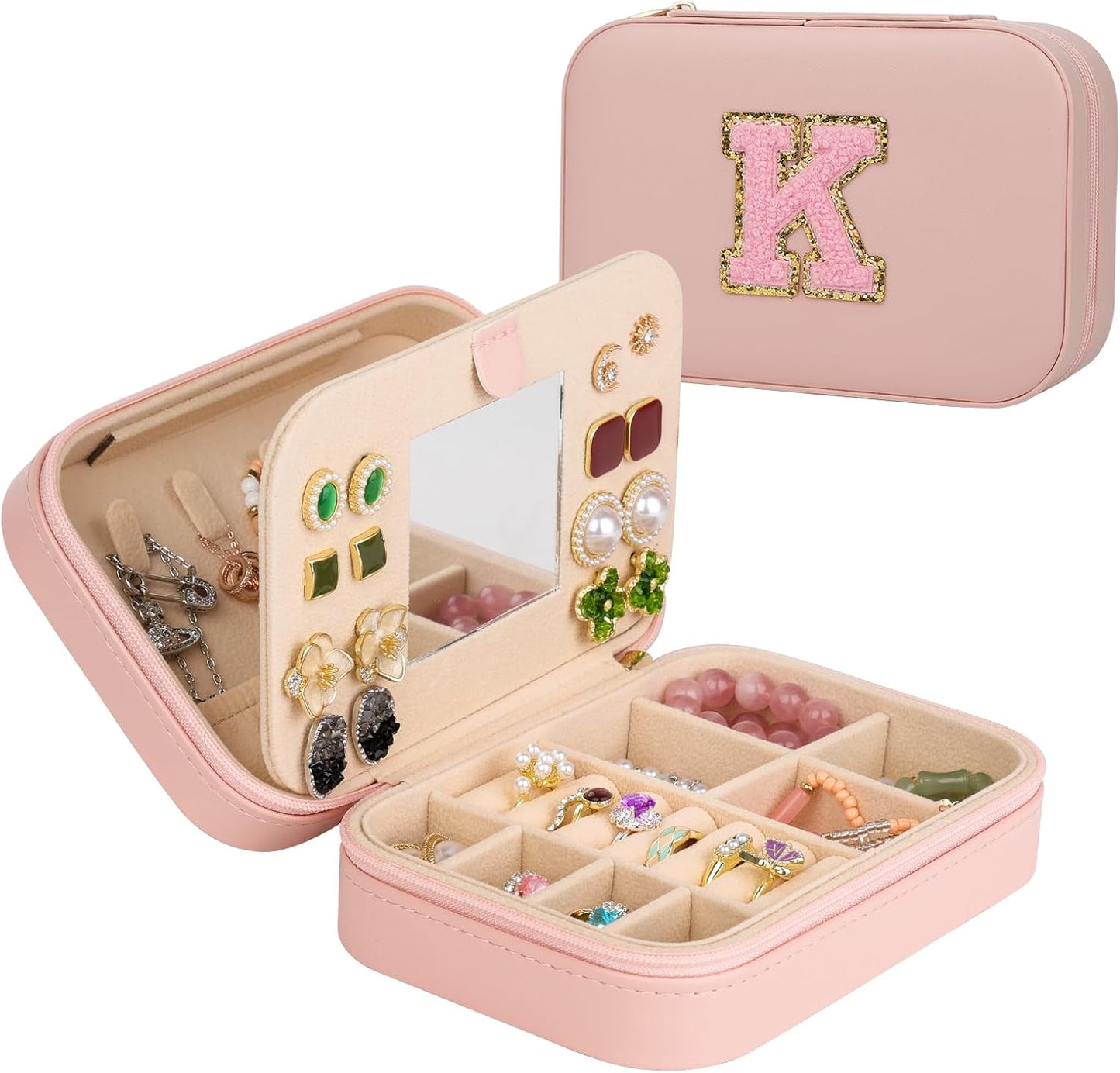 TopPerfekt Travel Jewelry Case, Jewelry Box with Mirror, Jewelry Organizer Bridal Shower Gifts to Her, Earring Storage Travel Case, Trendy Gift for Women and Girls, Girlfriend-Letter K, Pink