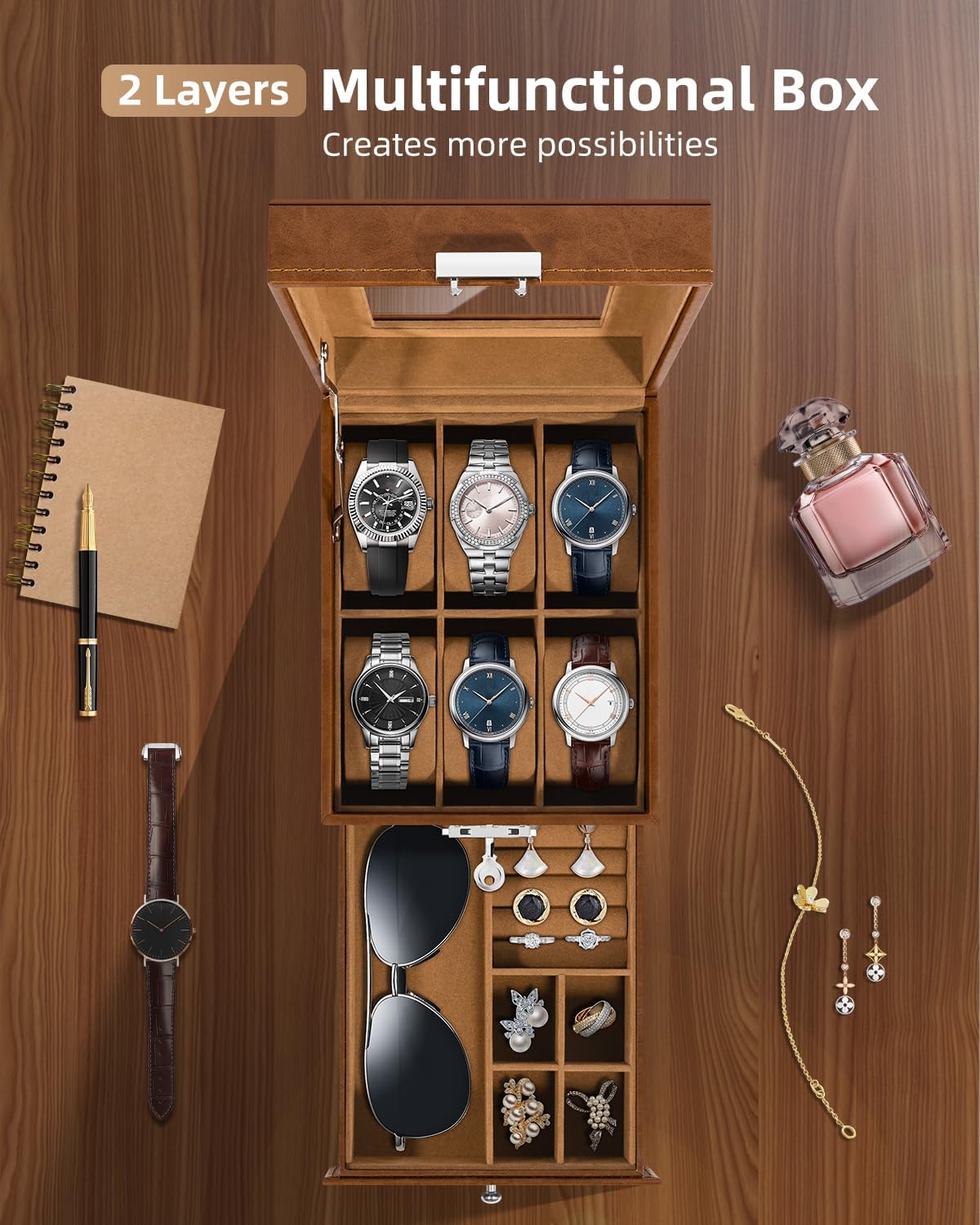 Uten 6-Slot Watch Box, 2-Layers PU Leather Watch Case with Glass Lid, Watch Holder Organizer with Soft Pillow and Velvet Lining, Watch and Jewelry Storage Box, Brown