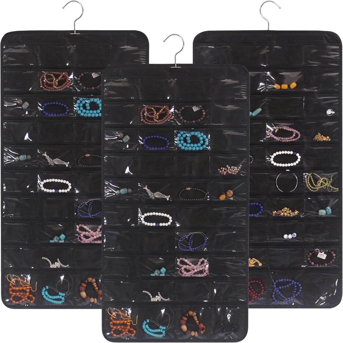 DIOMMELL 3 Pack Hanging Jewelry Organizer with 80 Pockets Jewelry Storage for Earrings Necklace Bracelet Ring Accessory, Black