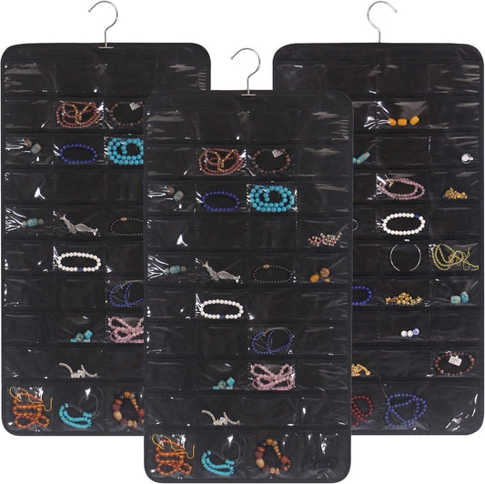 DIOMMELL 3 Pack Hanging Jewelry Organizer with 80 Pockets Jewelry Storage for Earrings Necklace Bracelet Ring Accessory, Black