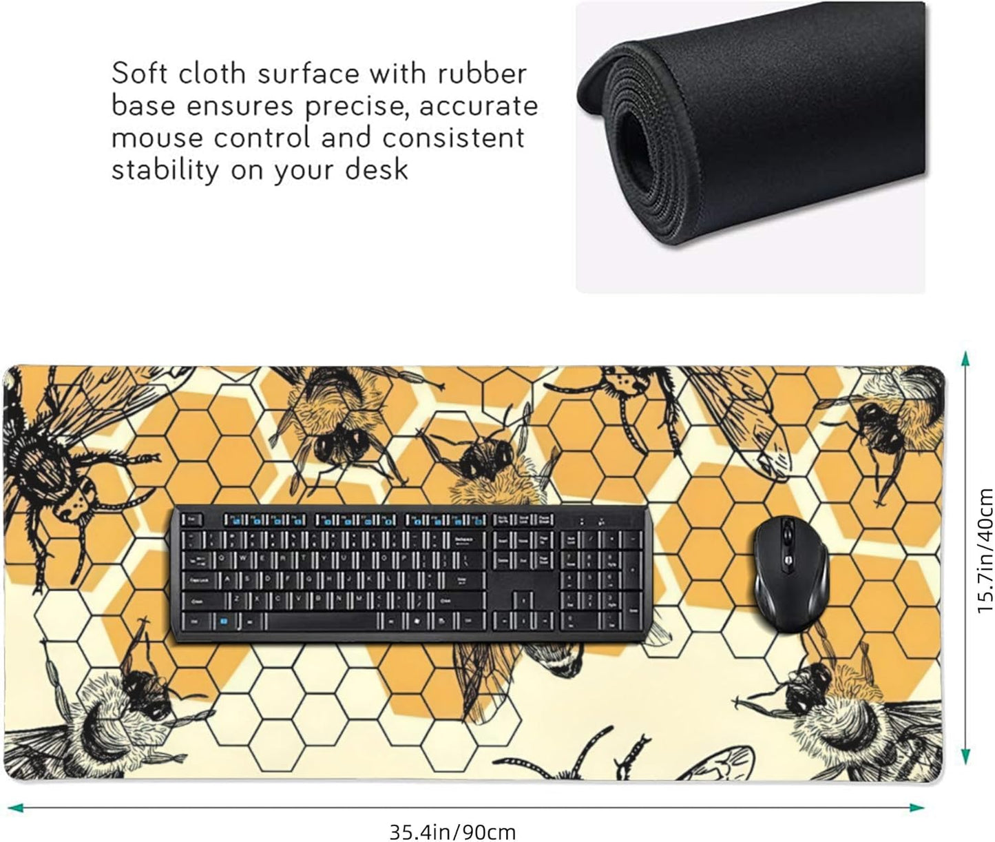 Bee and Honeycomb Large Mouse Pad, Vintage Aesthetic Gaming Desk Mat, XXL Keyboard Desk Pad Mat for Desktop, 35.4"x15.7" Non-Slip Base Big Mousepad with Stitched Edges