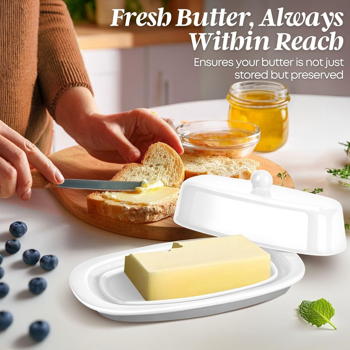 Flexzion Ceramic White European Butter Dish with Lid for Countertop (7 Inch) - 1 Stick Butter Holder for Counter, Cream Cheese Container Storage Keeper