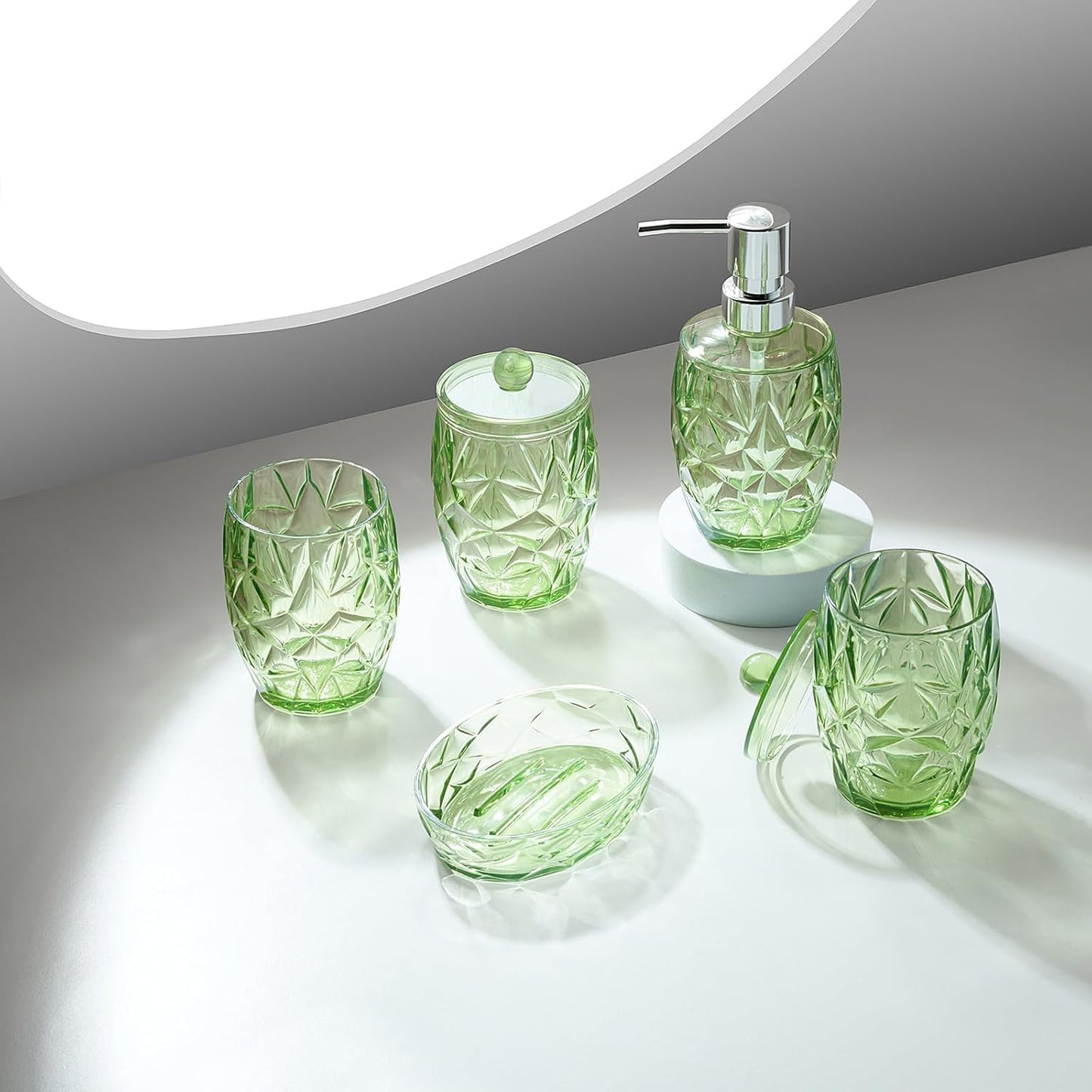 Modern Shatterproof Acrylic Olive Green Bathroom Accessories Set – 5-Piece Glass-Free Vanity Set with Soap Dispenser, Toothbrush/Makeup Brush Holder, 2 Cotton Jars with Lids, and Soap Dish