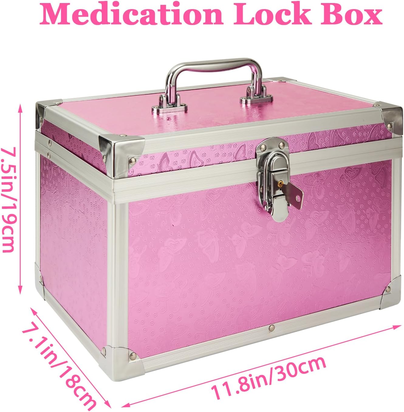 12 x 7 x 7.5 Inch Medication Lock Box with Key, Locking Box with Portable Storage Case, Security Lock Boxes Medicine Storage Box for Cash, Medicine, Documents and Valuables - Pink
