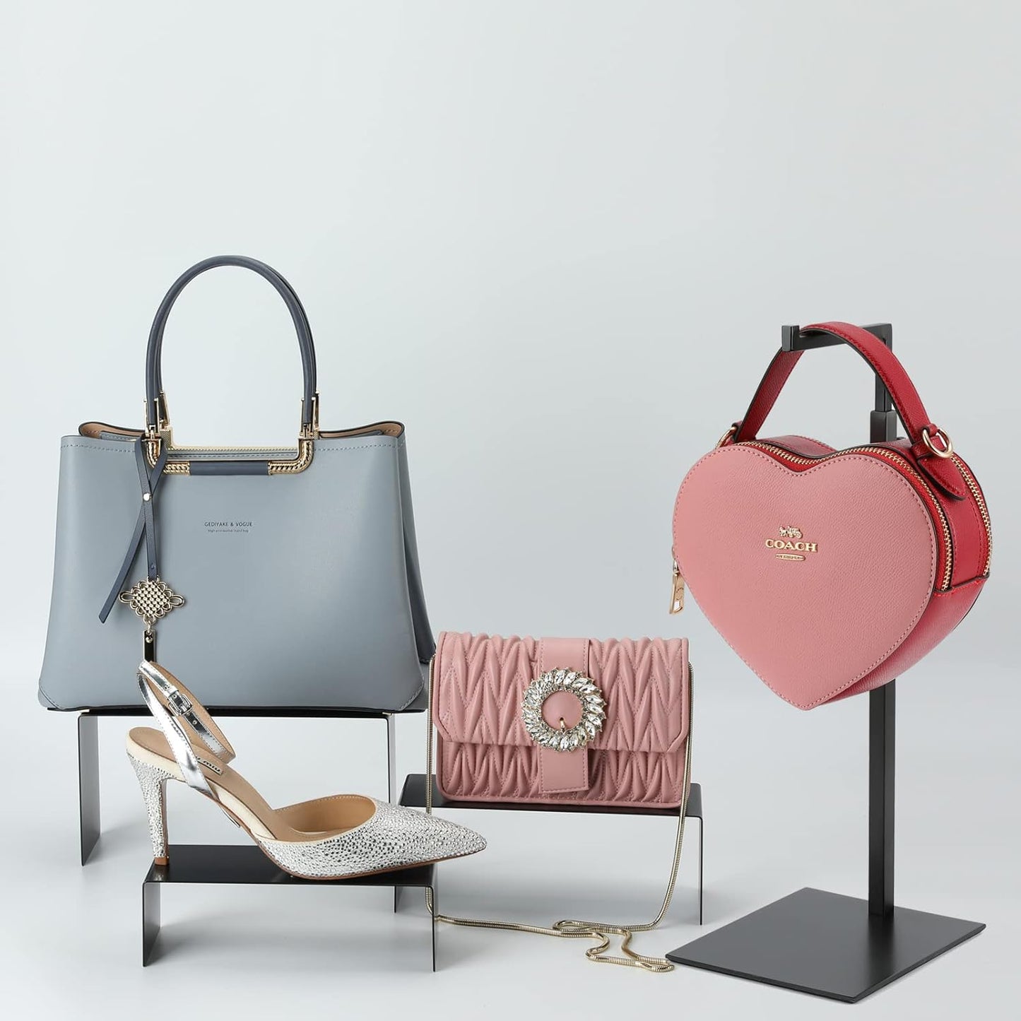 Purse Display Stand Handbag Display Stand Black Stainless Steel Display Risers Showcase Stand Product Stand Set (RCS 50% Recycled Post-consumer Metal)