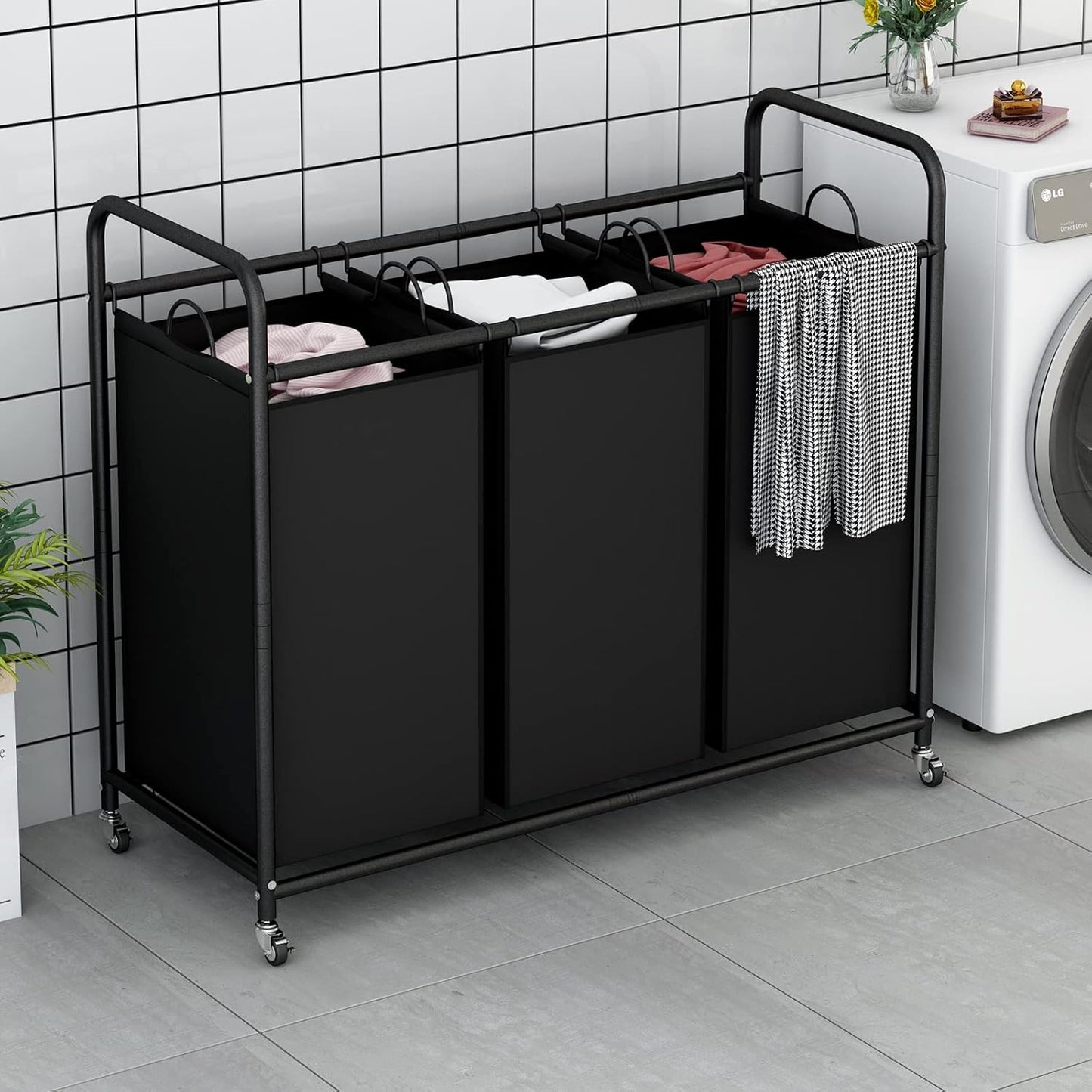 LINZINAR 3-Bag Laundry Basket Hamper Laundry Sorter Cart laundry room organization with Heavy Duty Rolling Lockable Wheels and Removable Bags (Black)