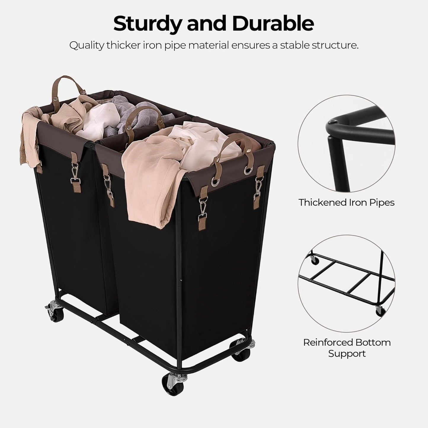 StorageWorks 280L Large Lanudry Hamper with Wheels, Laundry Basket with Wheels 2 Sections, Clothes Sorter Cart with Divider for Hotel, Home, Black, 1-Pack