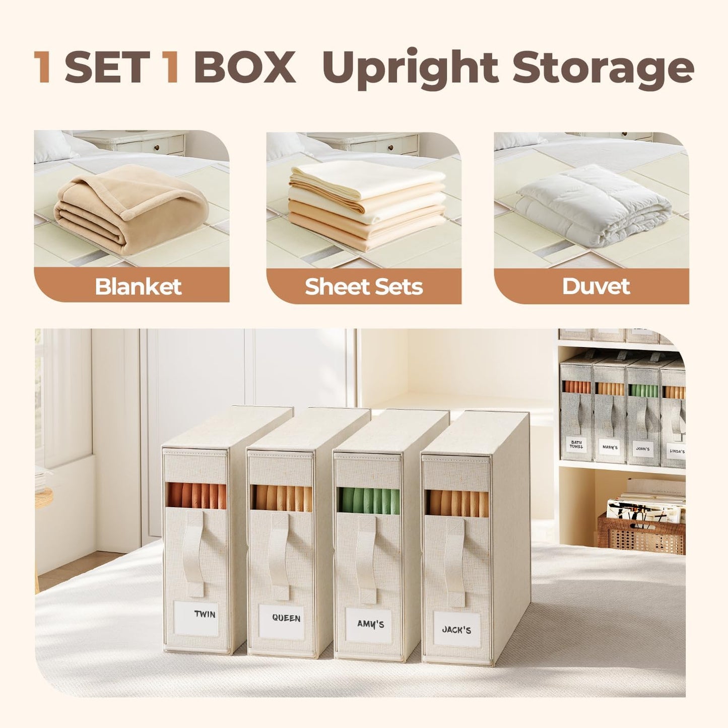 8Pack Linen Sheet Organizers for Linen Closet - King/Queen Size Bedding Storage Boxes with Clear Window | Foldable, Dustproof Sheet Storage Organizer for Blankets & Sheet Sets,Off-white