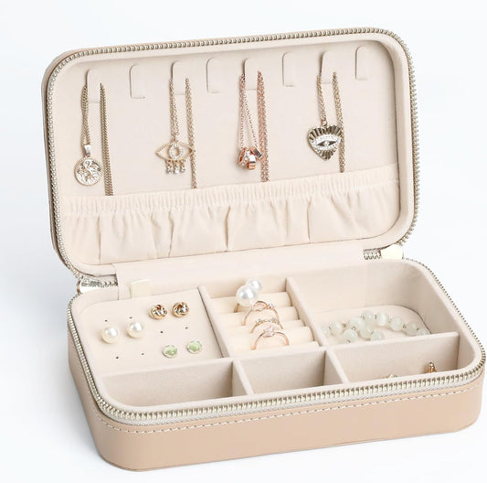 Leather Jewelry Box Women's Travel Jewelry Organizer with Zippered Design Tangle-Free Storage for Necklaces, Earrings, and Bracelets, Luxury Gift Box Apricot