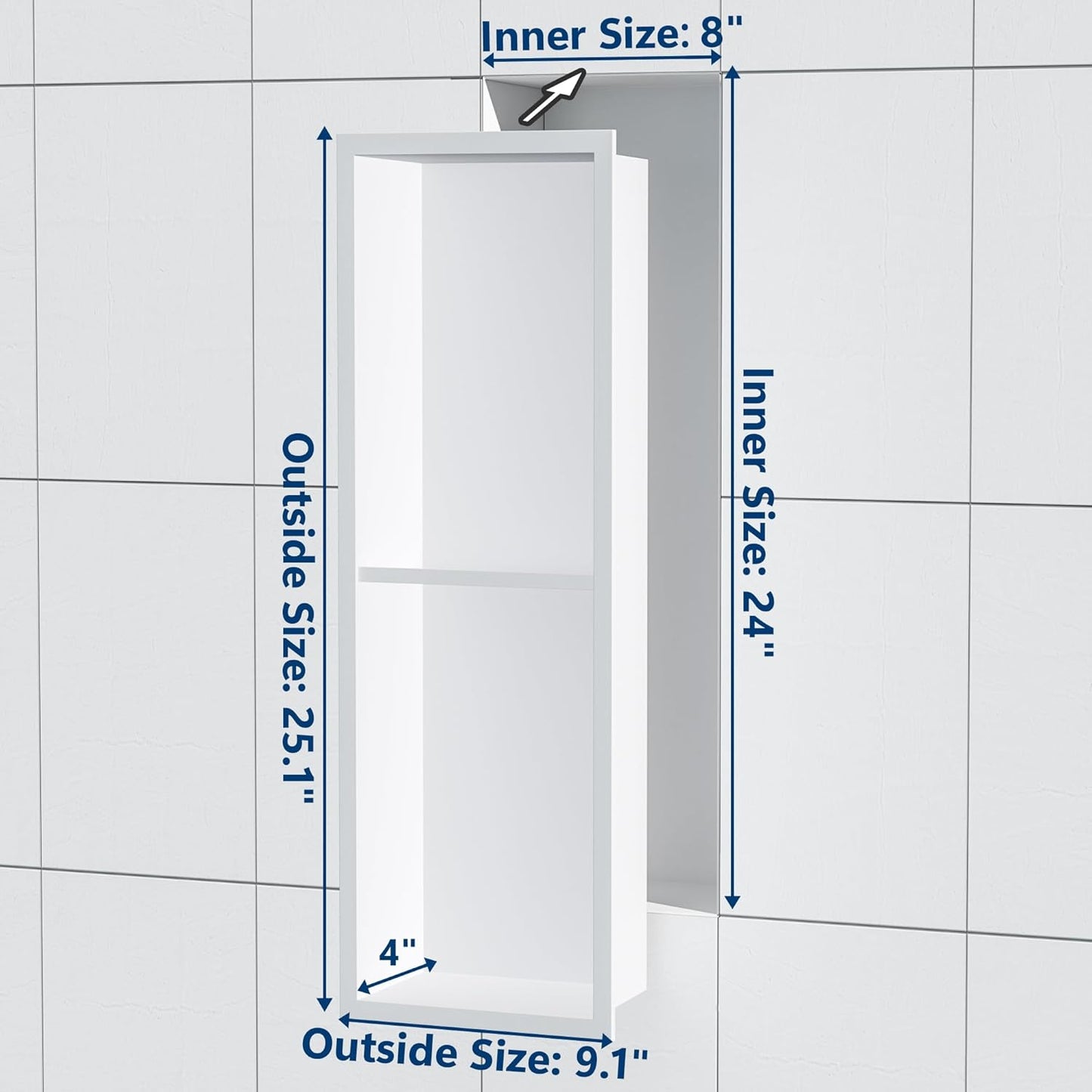 Stainless Steel Shower Niche 24" X 8", No Tile Needed Wall Niche Double Shelves, Recessed Shower Shelf for Bathroom Storage, Matte White