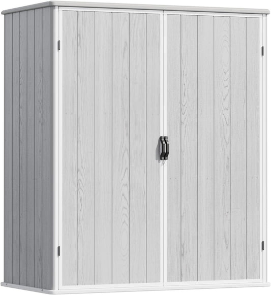 Devoko 5 x 3 Resin Outdoor Storage Shed with Floor - Waterproof Plastic Outdoor Tool Cabinet with Lockable Doors for Patio Furniture, Pool Accessories, Garden Tools (Light Gray)