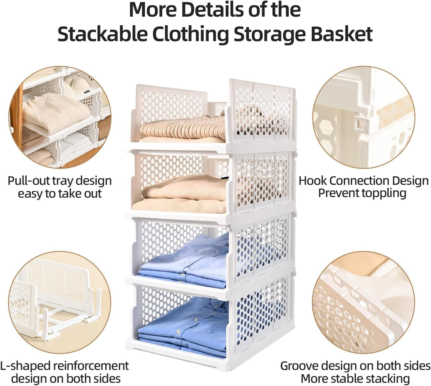 Pull-out Plastic Storage Basket,Stackable Closet Organizers Drawer Anti-Tipping, Reinforced Stable Shelf Container for Bathroom Laundry Room Storage, Space-Saving Clothes Storage (White, 5L)