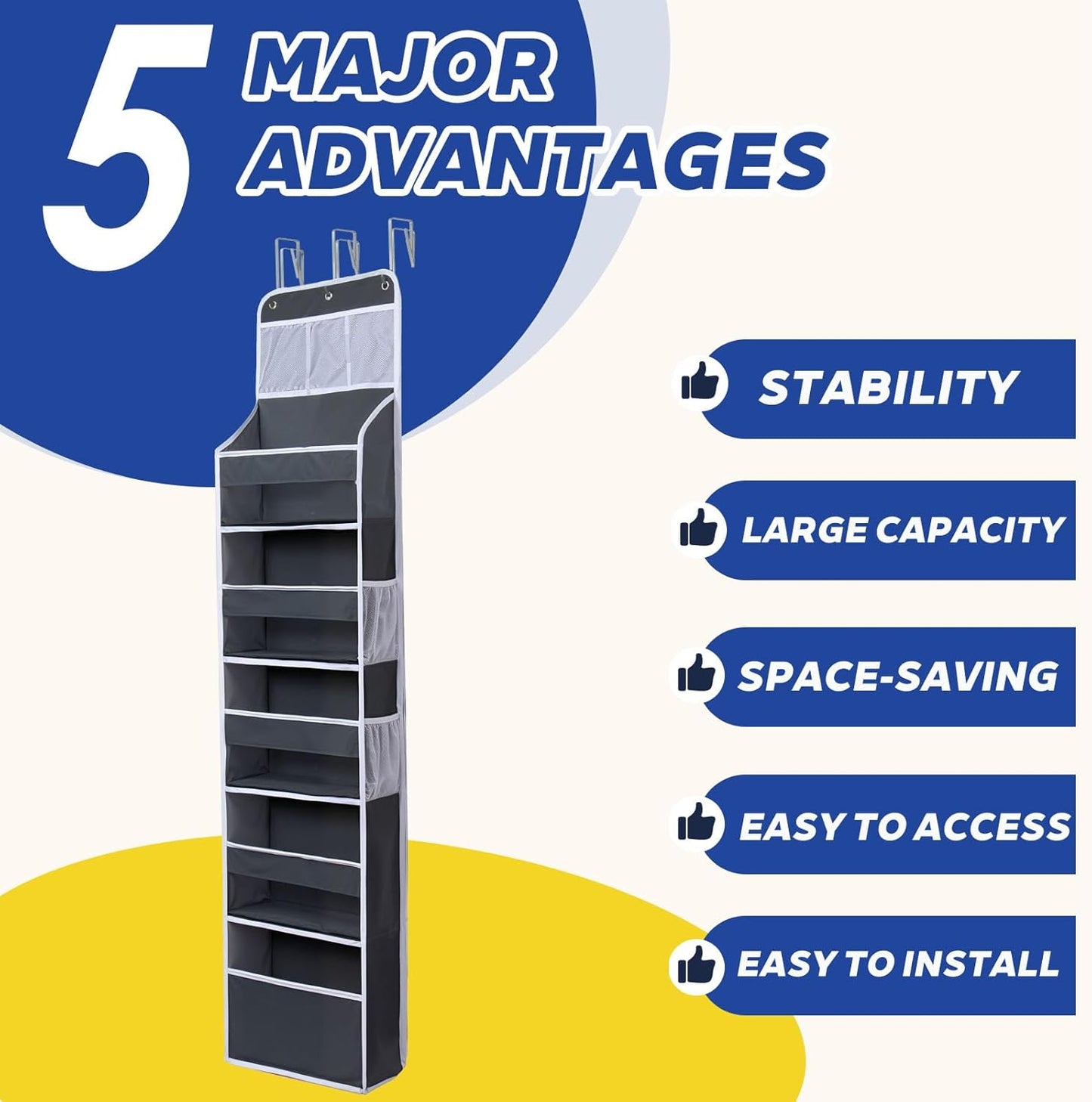 Over The Door Organizer 6 Tier with 12 Pockets & Reinforced Hooks - 59" Hanging Storage Organizer for Bathroom, Nursery, Pantry & Laundry (Deep Grey)