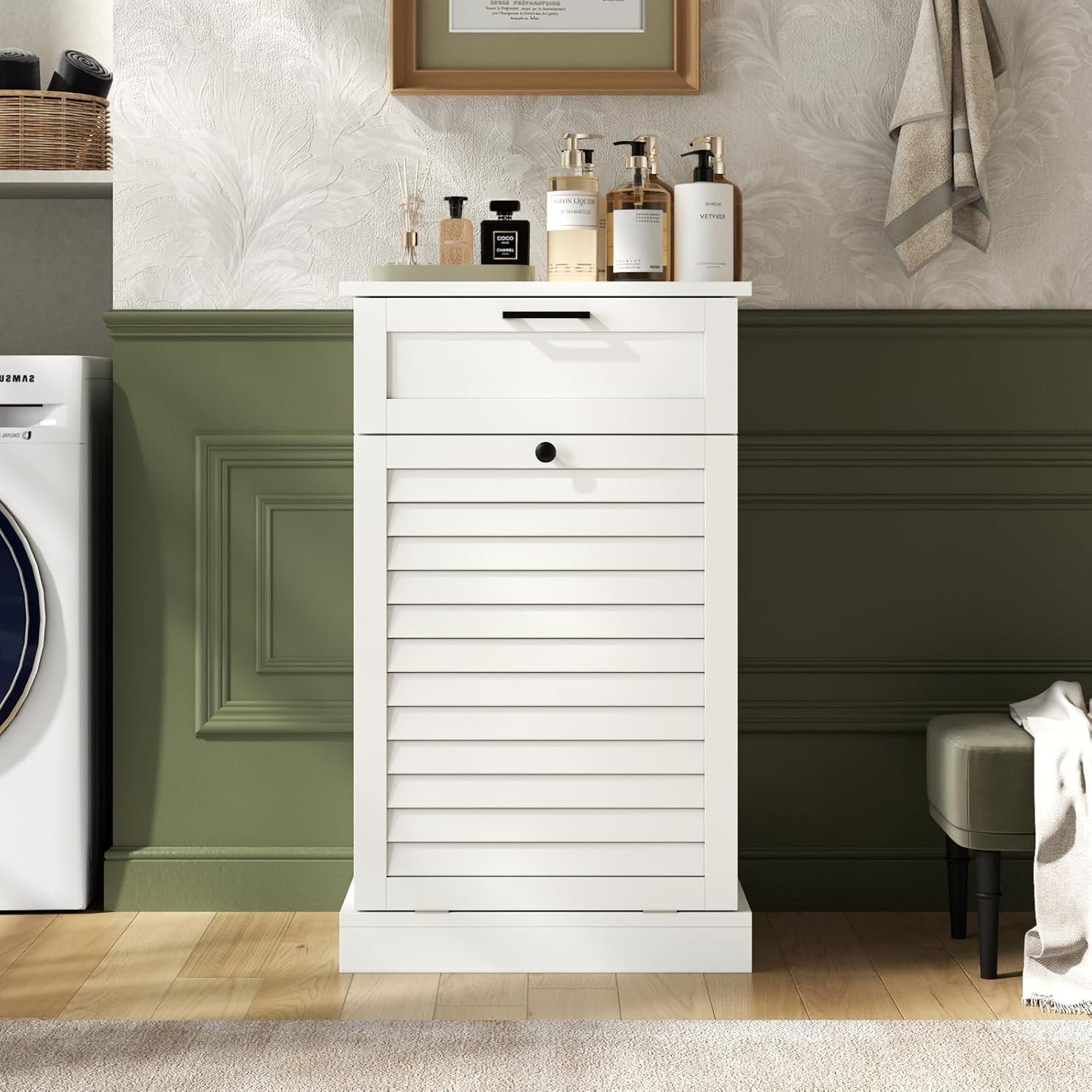 Upgraded Tilt Out Laundry Hamper Cabinet, 15 Gallon Trash Can Cabinet with Shutter Front & Drawer, Hidden Garbage Can Bin Cabinets with Laundry Storage Basket for Bathroom, Kitchen (White, Single)