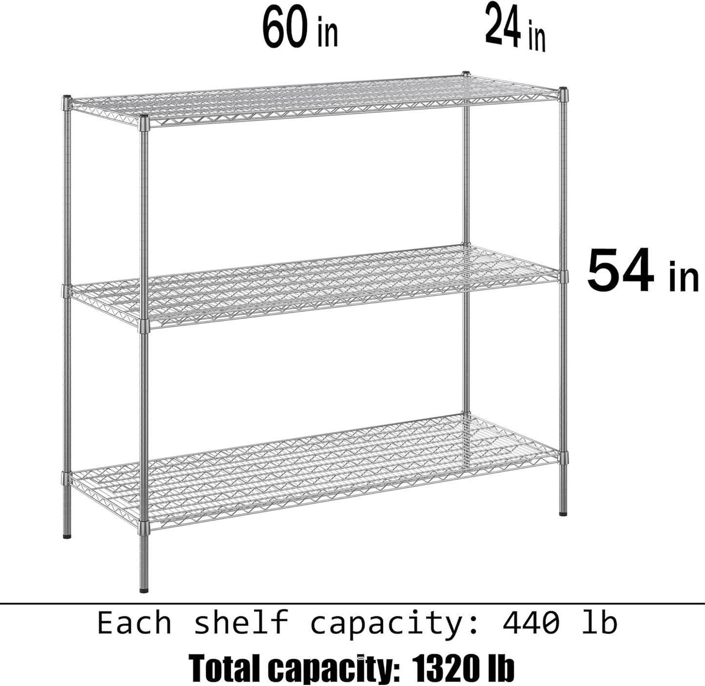 24" Deep x 60" Wide x 54" Height Wire Shelving Kit | 3-Tier | NSF Commercial Storage Rack Unit
