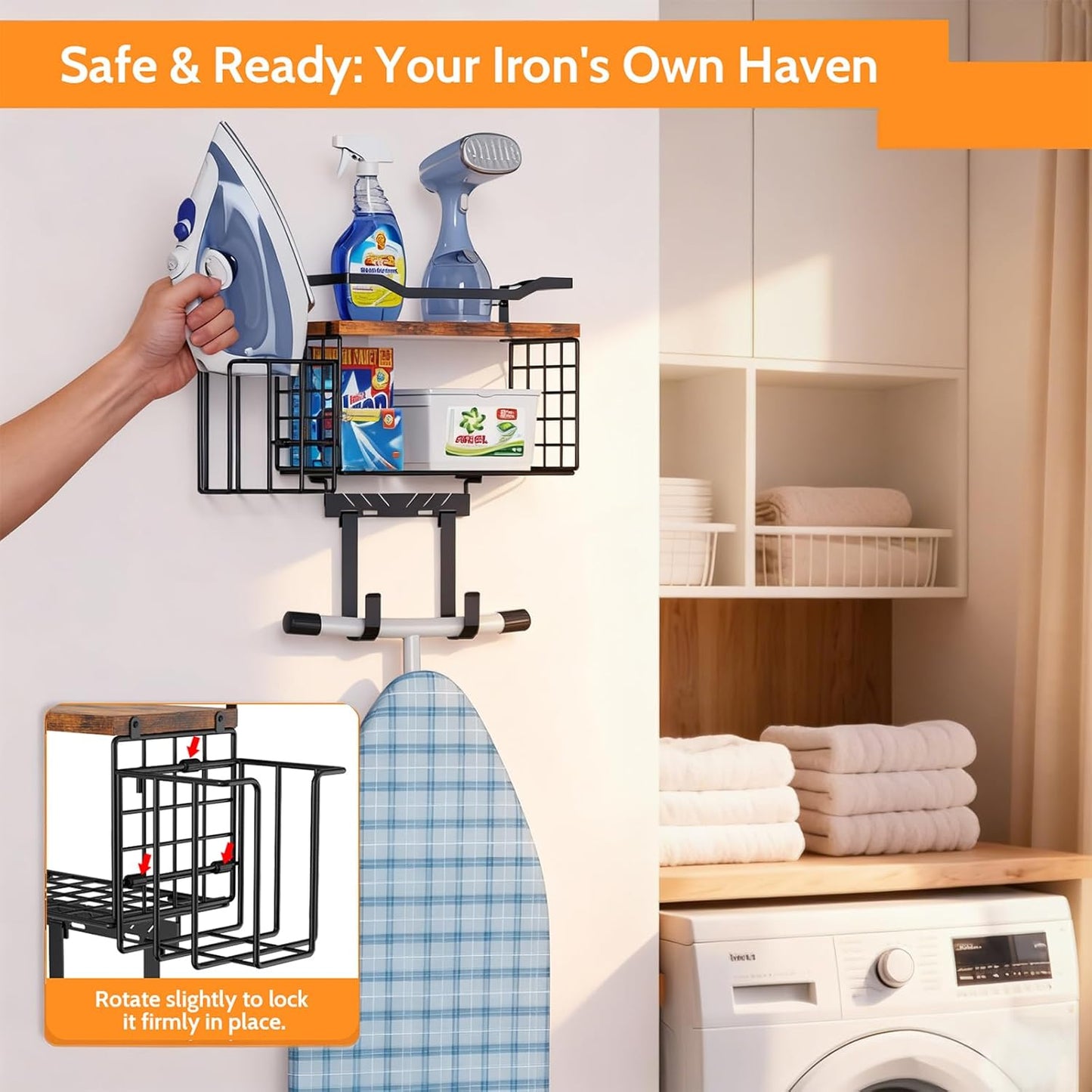 Ironing Board Hanger, T&Y Iron Board Holder Wall Mount with Ironing Caddy, Metal Ironing Board Holder Storage Organizer, Floating Wood Shelf for Laundry Room Decor Accessories Organization