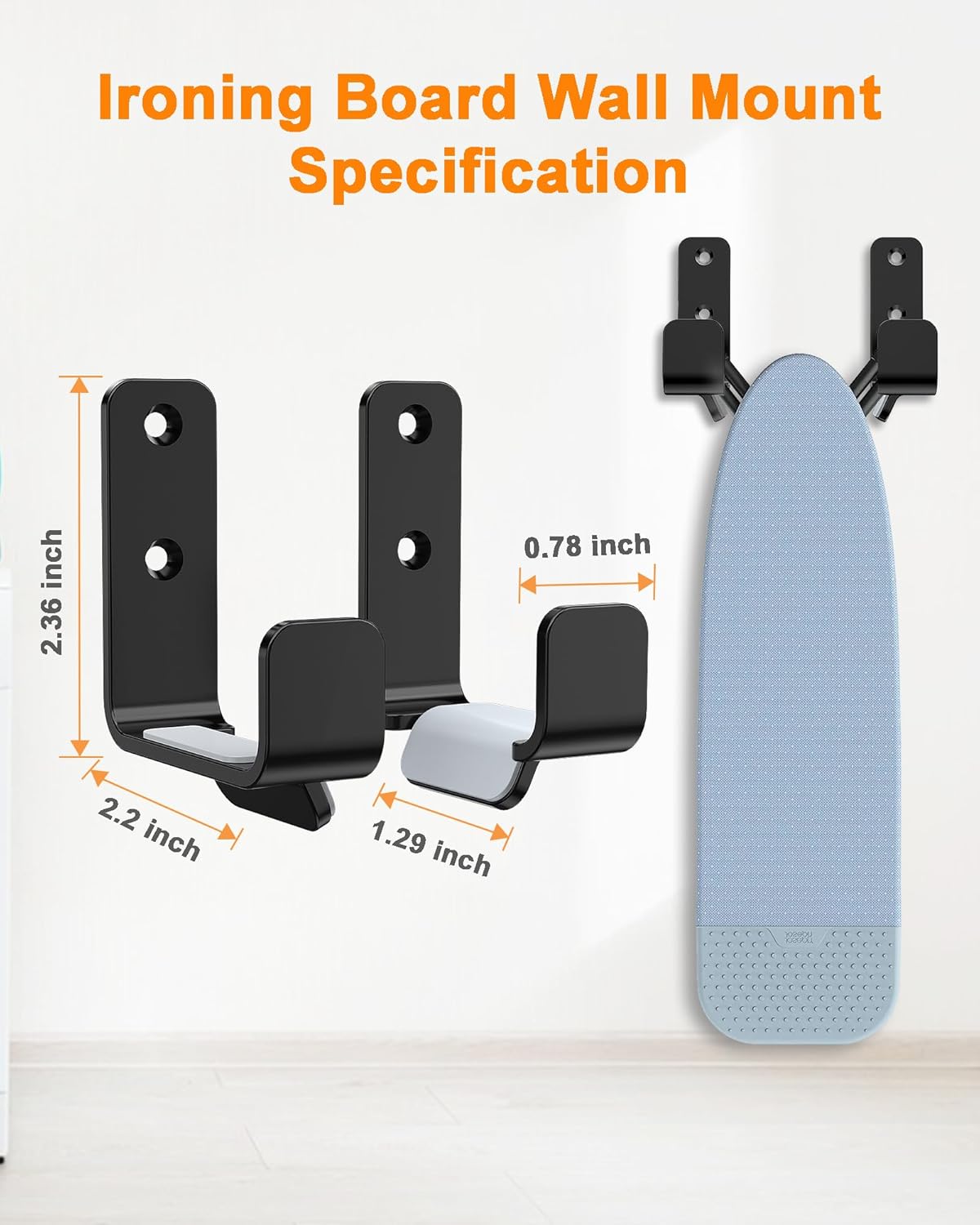 Ironing Board Wall Mount, Stainless Steel Ironing Board Hanger for Laundry Room, Adjustable Distance Holder Hook Wall Mount, Black