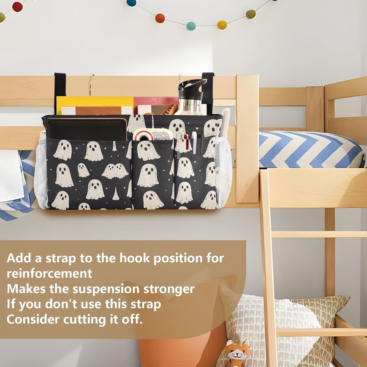 Cute Halloween Ghost Blacck Bedside Caddy for Dorm Bed Bedside Hanging Caddy Bag Iron Frame Storage Organizer Pocket for Bunk Home College Hospital Beds 2 Hooks